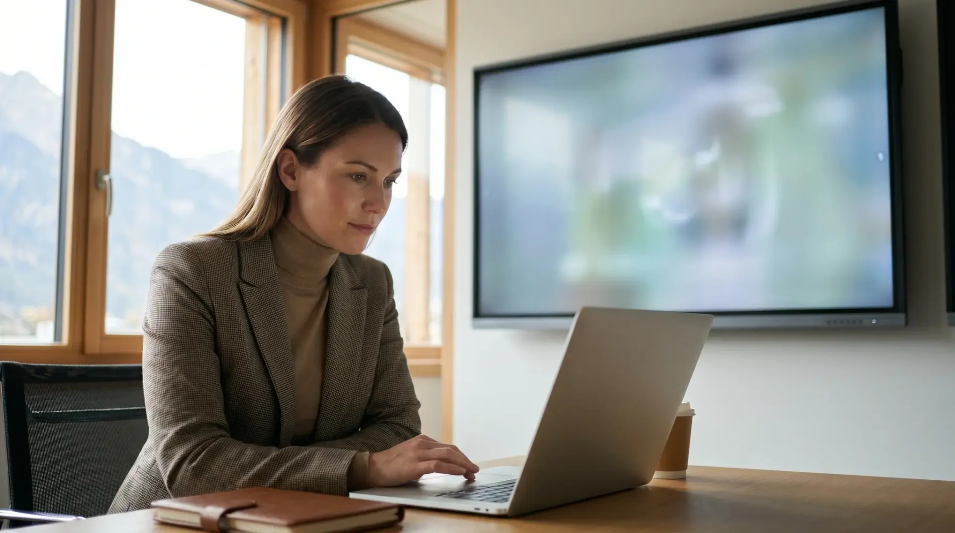 Mitarbeiterin steuert mehrere Standort-Screens über ein Content-Management am Laptop