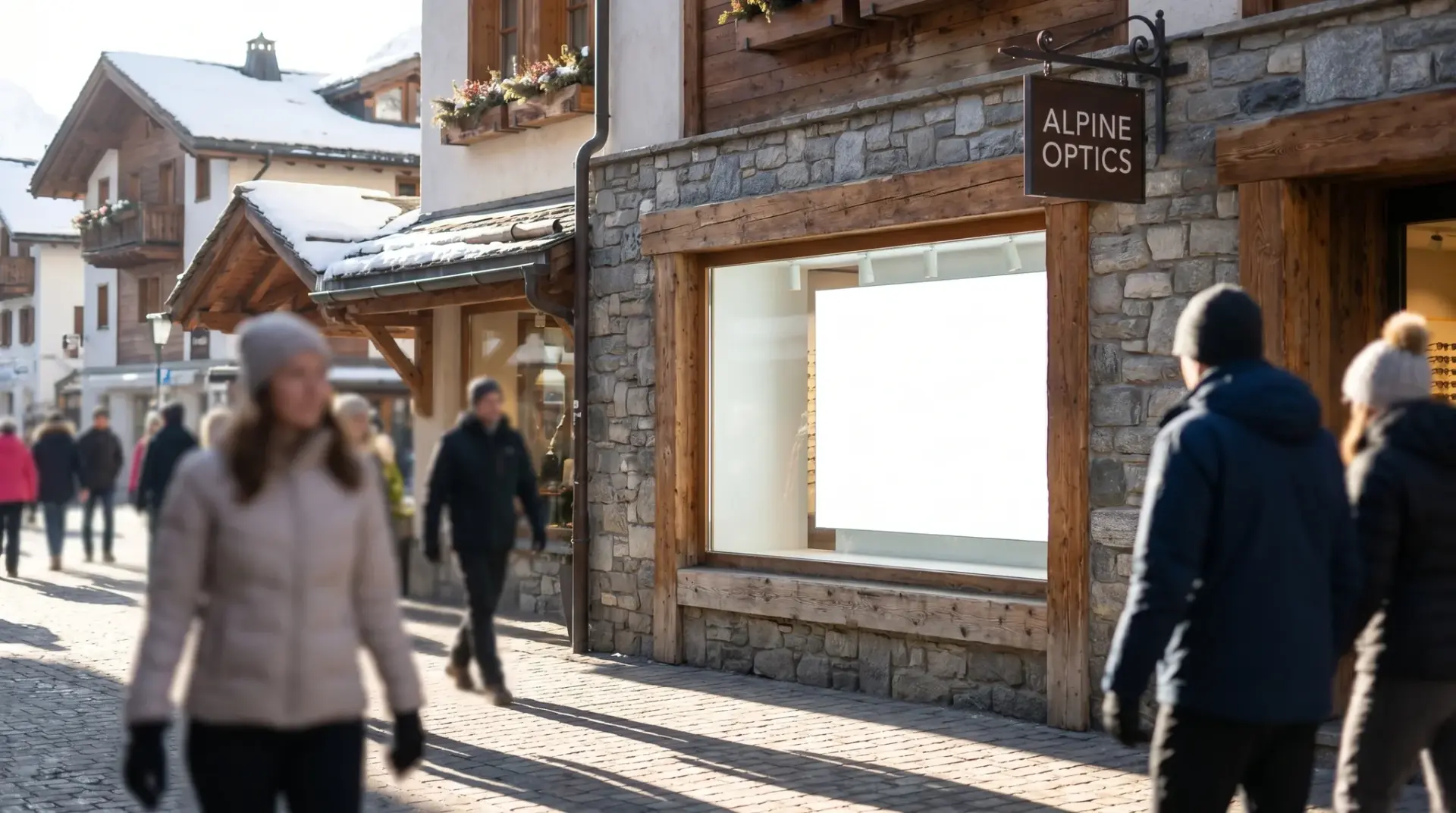 Helles Outdoor-Schaufenster-Display in einer Geschäftsstraße bei Tageslicht