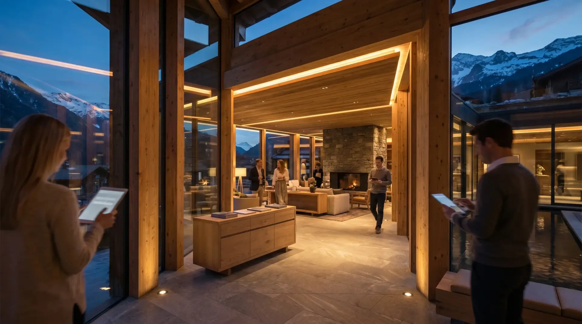 Elegante Hotellobby im Alpenraum mit fein abgestimmter, szenischer Architekturbeleuchtung
