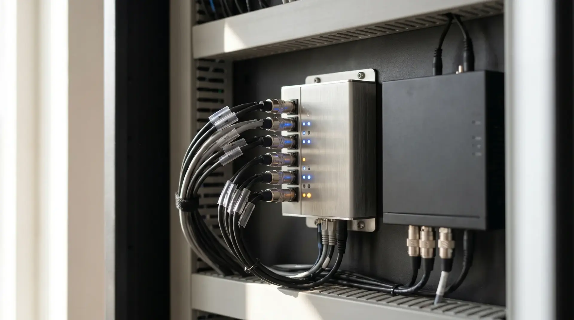 Detailaufnahme eines DMX-Architektur-Controllers mit sauberer Verkabelung im Technikschrank