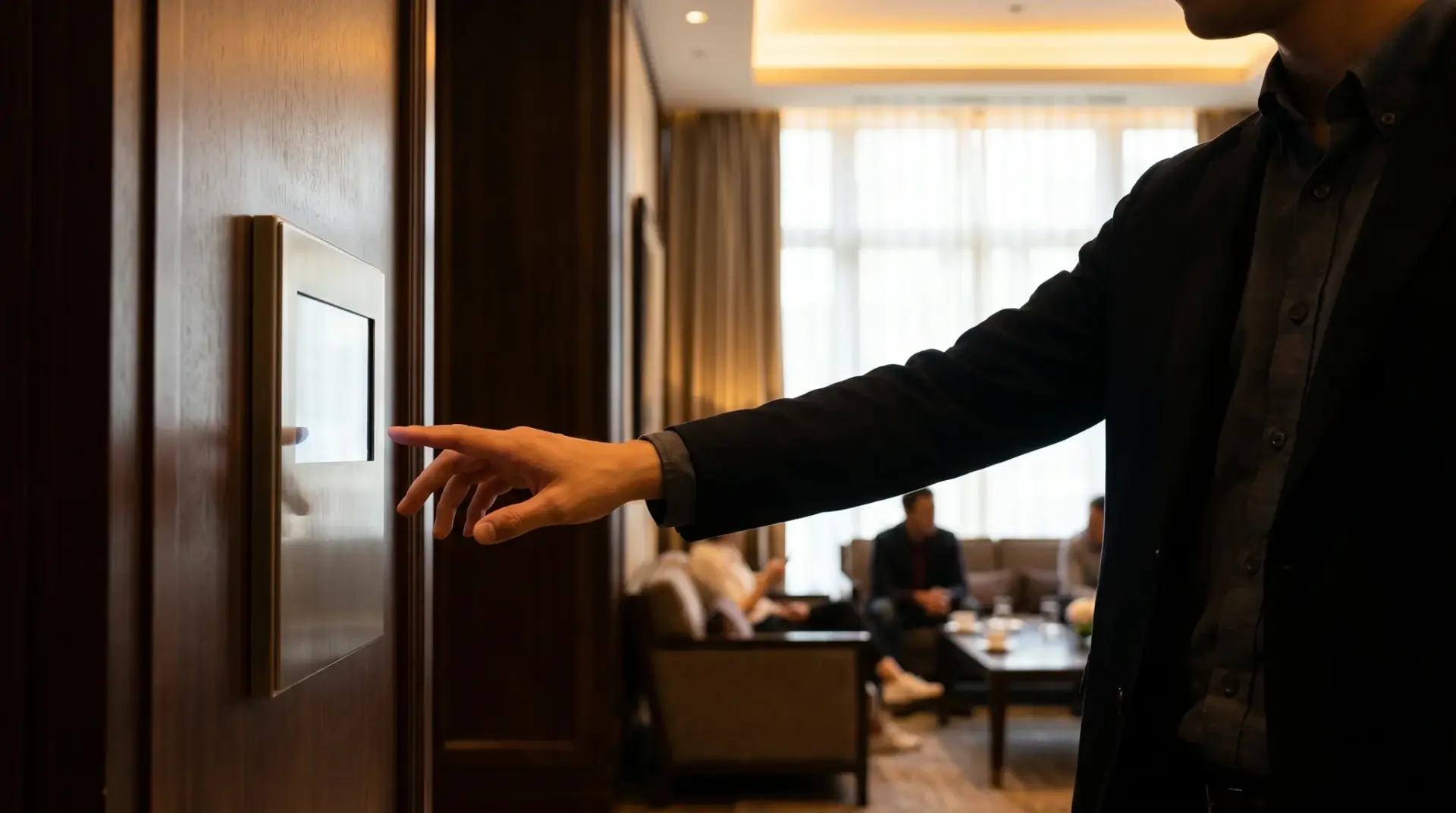 Mitarbeiterin ruft an einem Wand-Touchpanel eine Lichtszene in einem modernen Innenraum ab