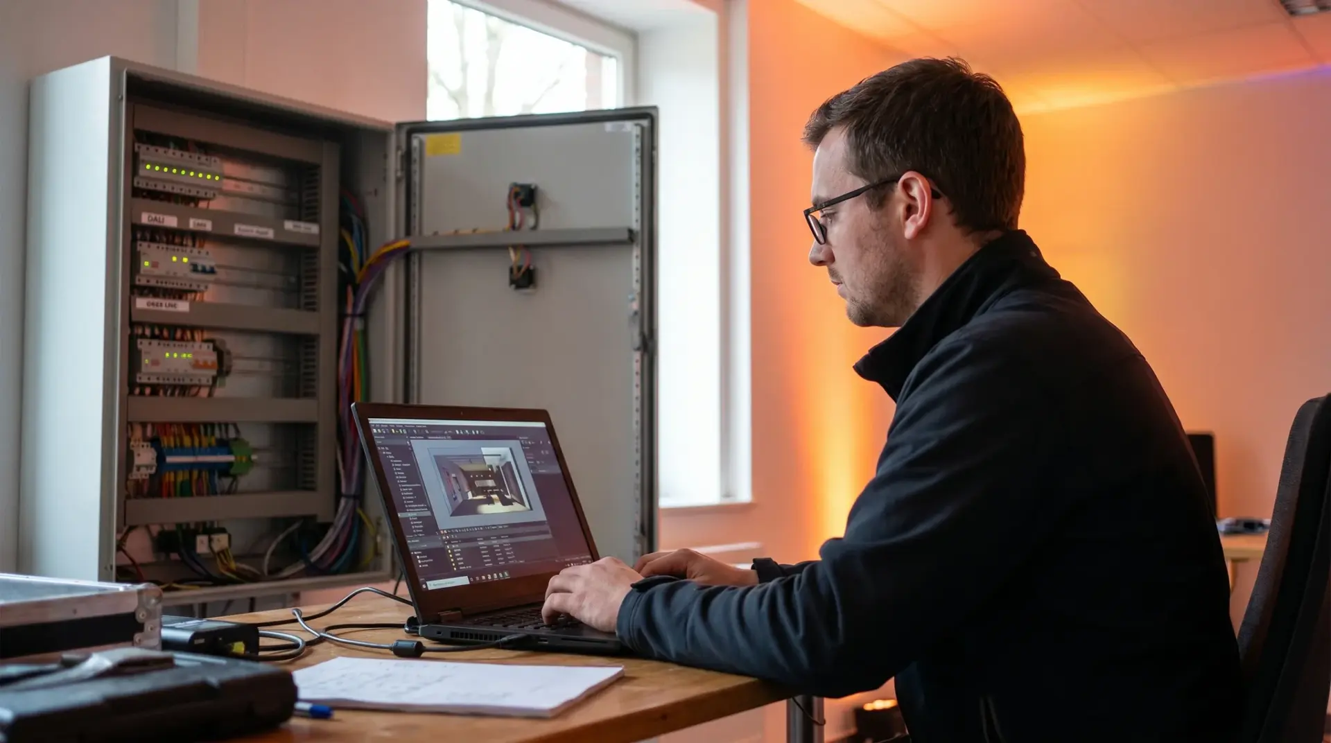 Techniker programmiert am Laptop Lichtszenen und adressiert einzelne Leuchten über den DALI-Bus