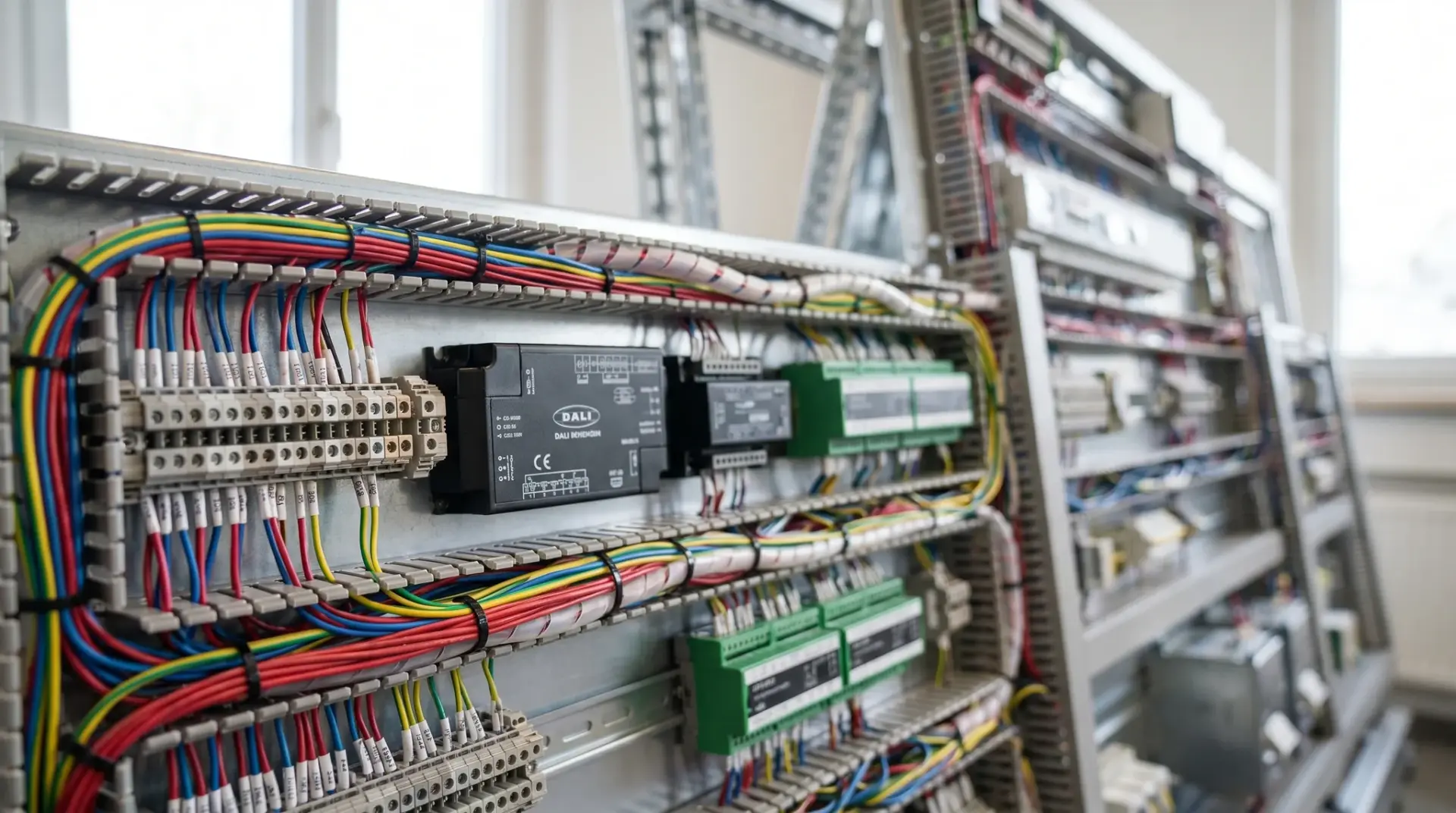 Detailaufnahme eines sauber verdrahteten Schaltschranks mit DALI-Treibern und DMX-Decodern