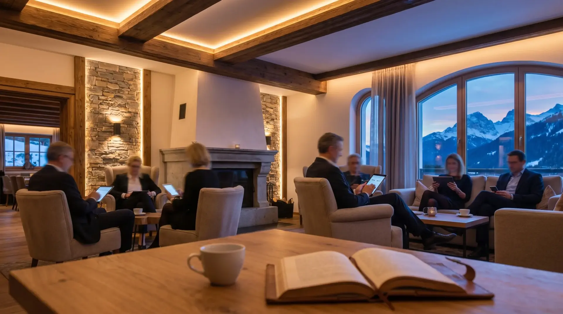 Hotellobby im Alpenraum, in der Tunable-White-Verläufe das Licht je nach Tageszeit weich anpassen