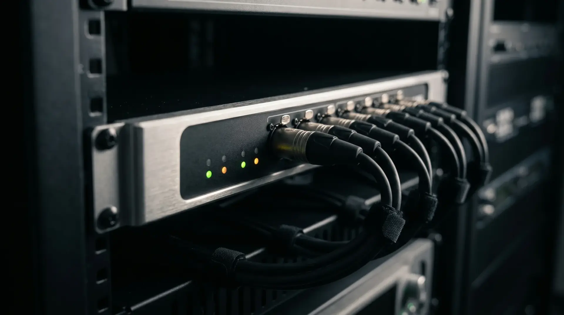 Professioneller optisch isolierter DMX-Splitter mit mehreren Ausgängen sauber in einem Technik-Rack montiert
