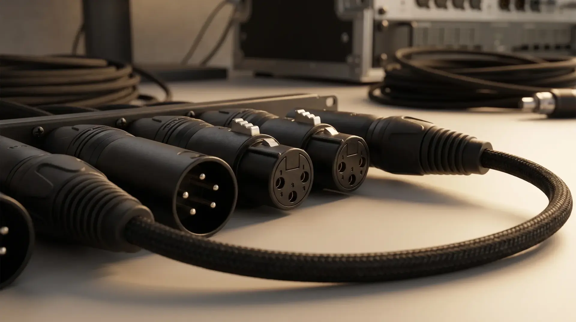 Detailaufnahme sauber gesteckter 5-poliger XLR-DMX-Steckverbinder mit Terminierung