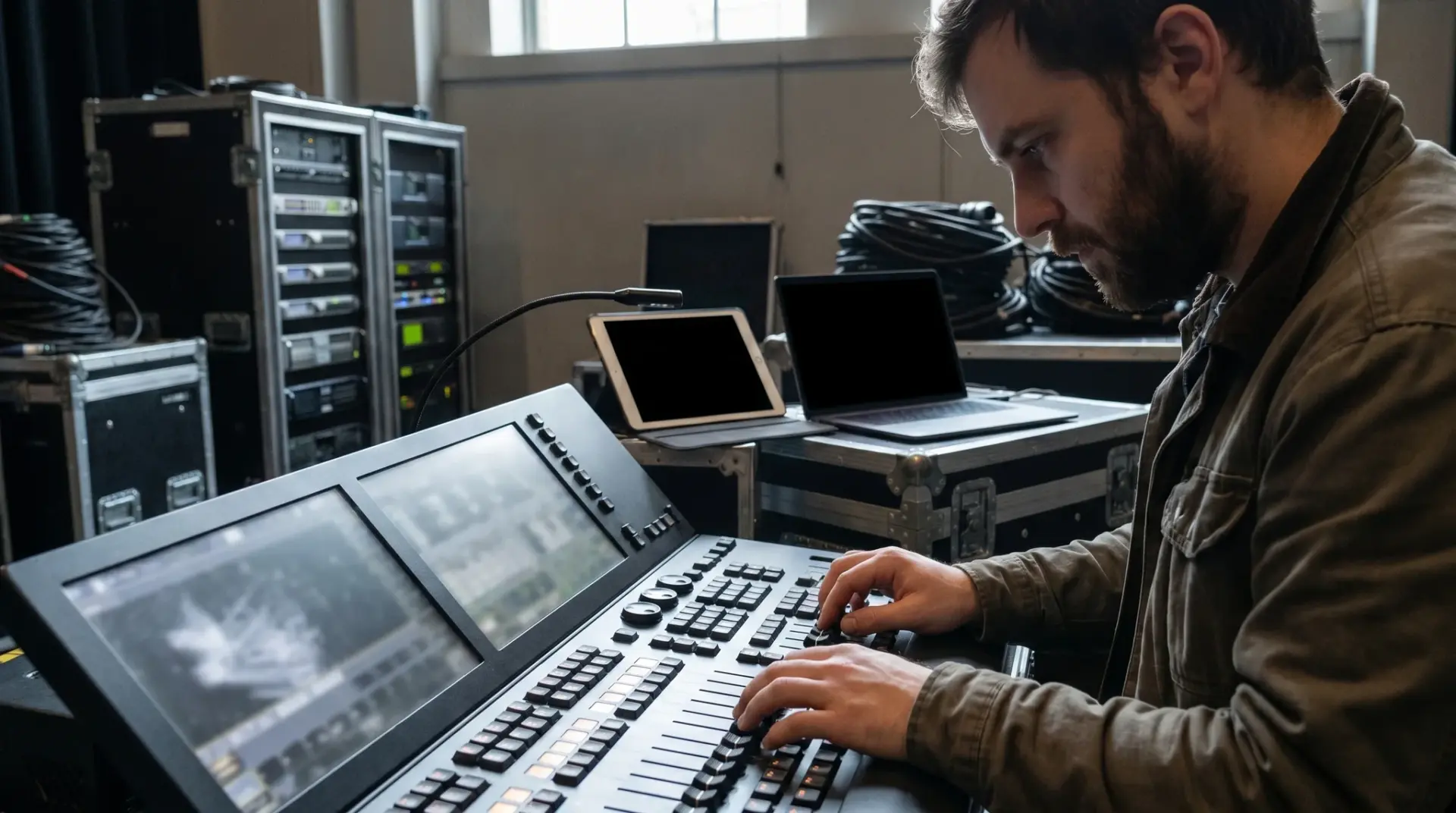 Techniker nimmt eine DMX-Verteilung in Betrieb und prüft die Signalqualität an einem Lichtpult