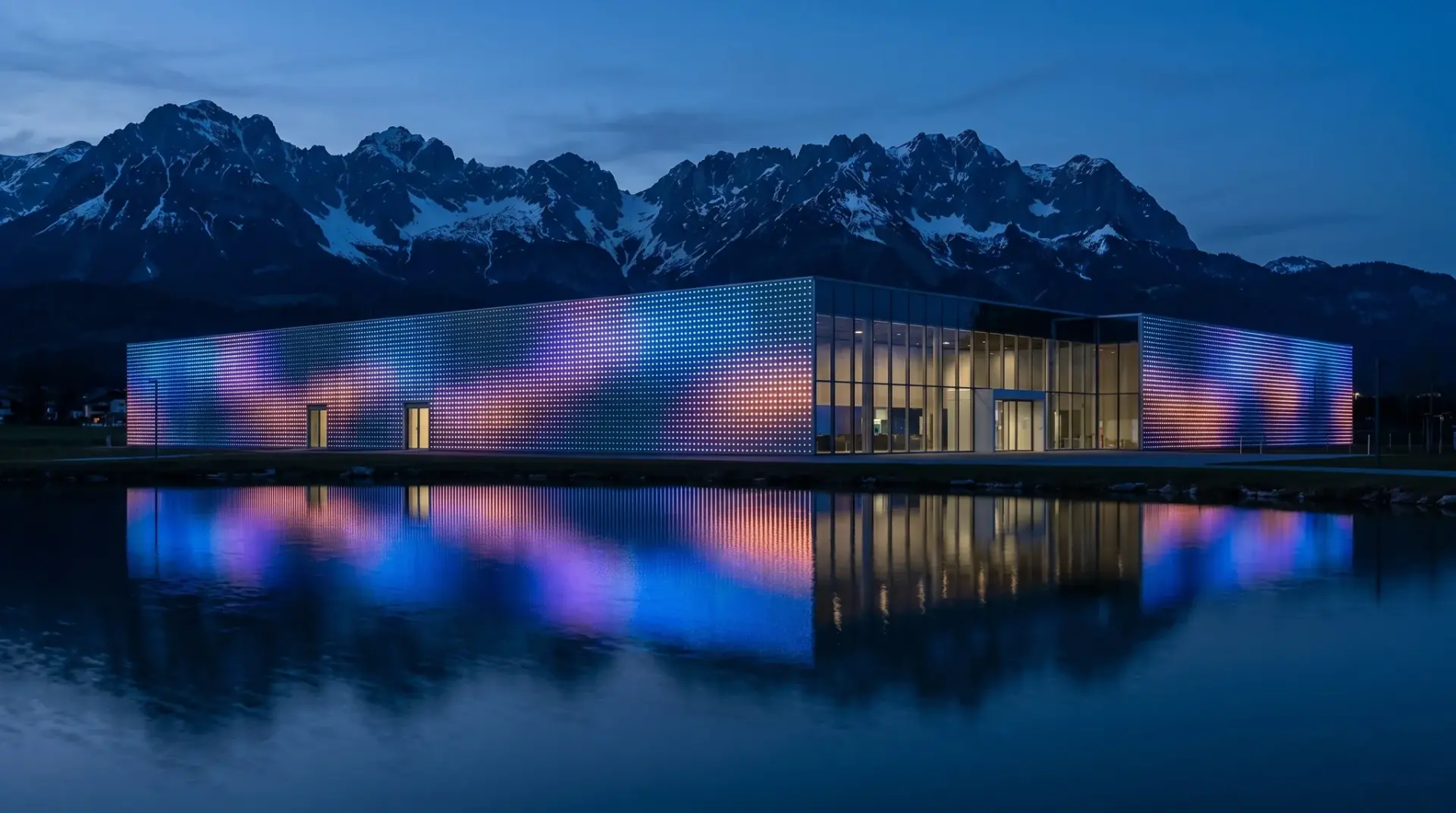Pixelgesteuerte Medien- und Architekturfassade leuchtet abends mit mehreren DMX-Universen im Alpenraum