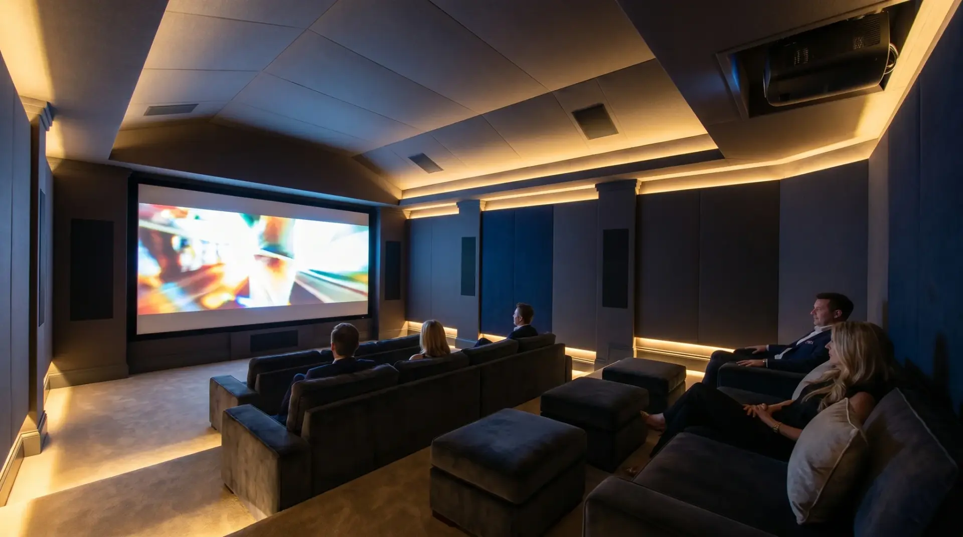 Premium-Heimkinoraum mit unsichtbar integrierten ATMOS-Lautsprechern und aktiver Laser-Projektion