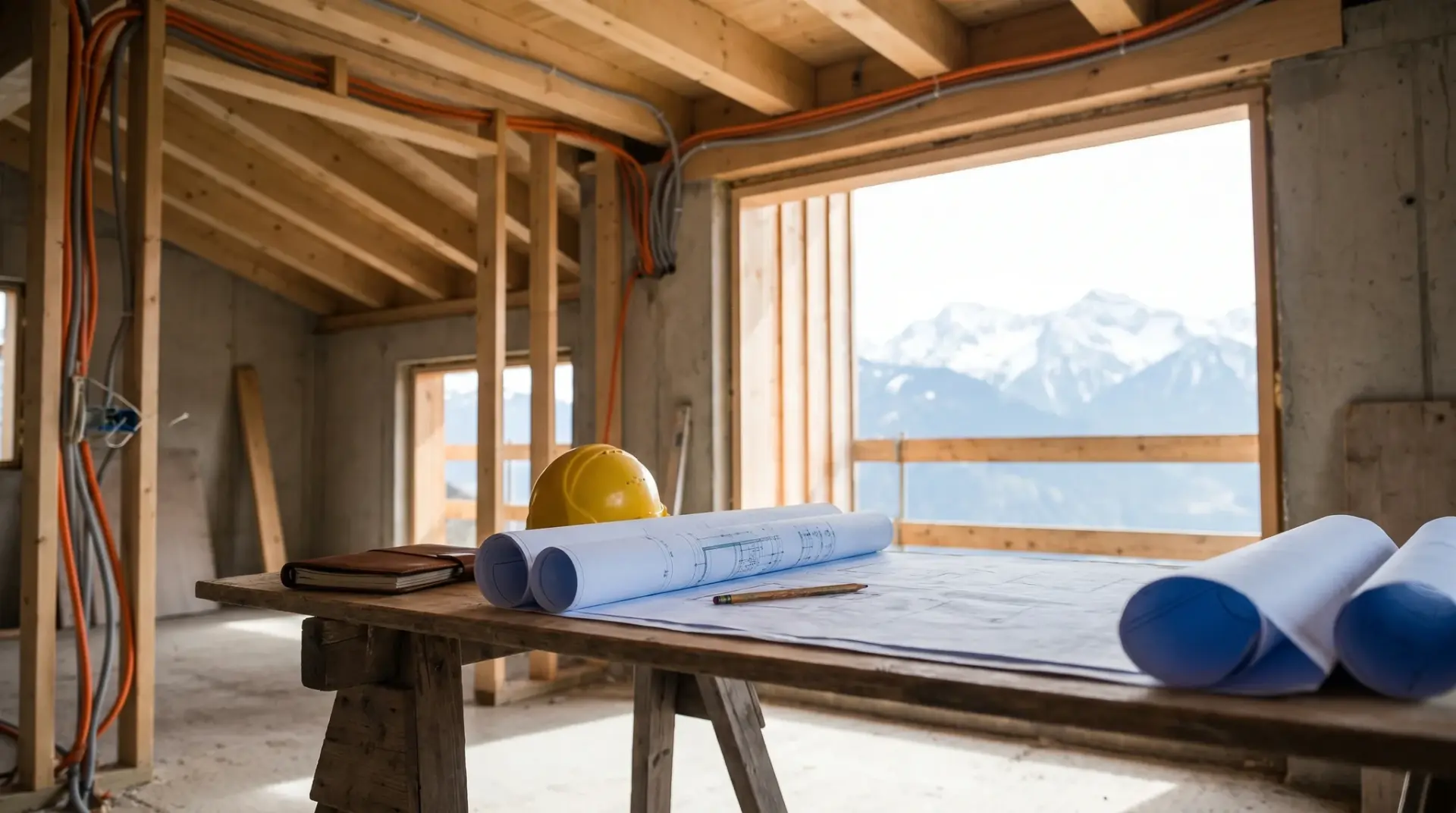 Rohbau eines Premium-Eigenheims im Alpenraum, in dem das Heimkino geplant wird
