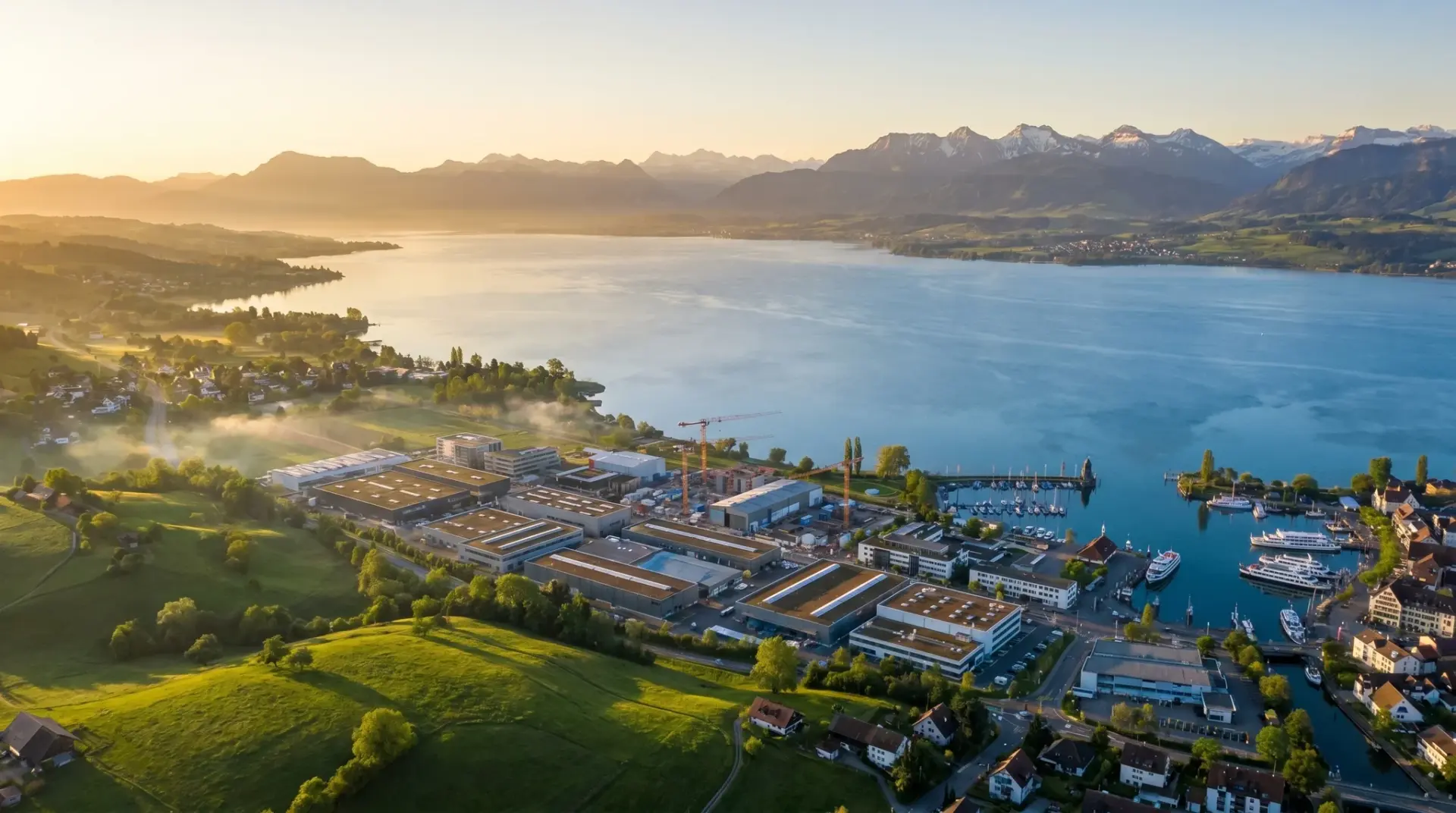 Cineastische Drohnen-Luftaufnahme einer Industrieanlage am Bodensee mit Alpenpanorama im warmen Morgenlicht