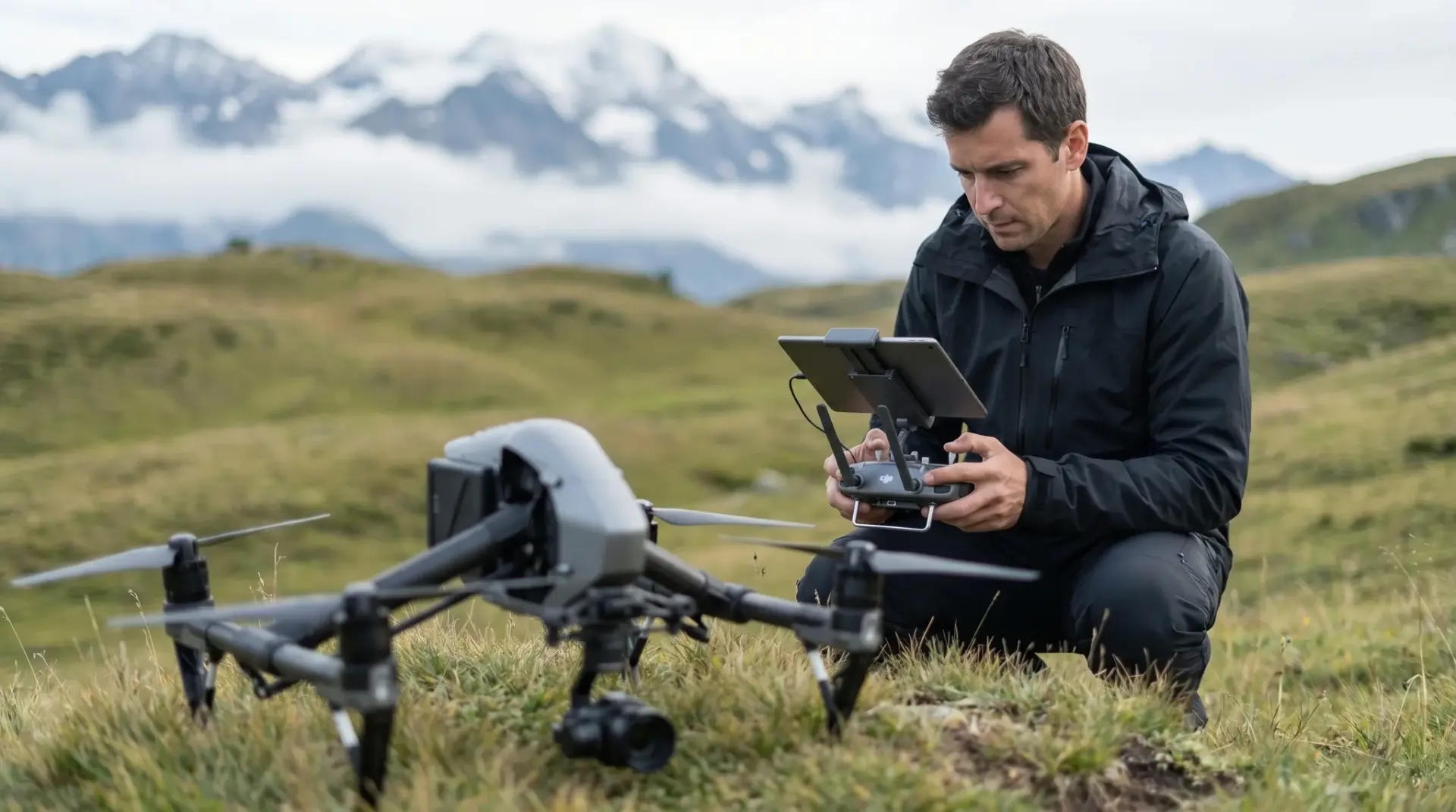 Professioneller Drohnen-Pilot bei der Arbeit mit Steuerung und Monitor im Alpenraum bei natürlichem Tageslicht