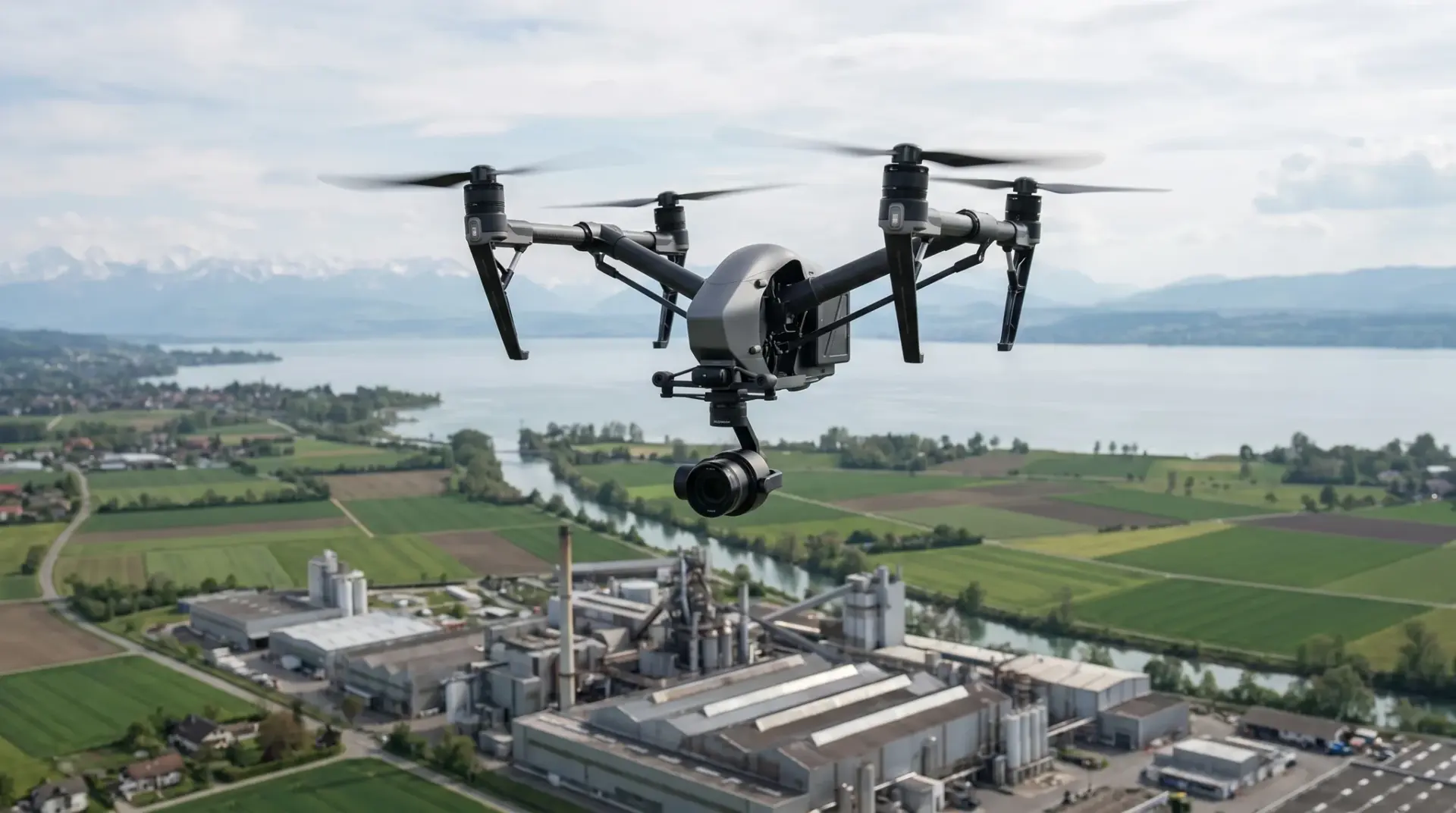 Professionelle DJI-Cine-Drohne in der Luft über Industriegelände und Landschaft im Bodensee- und Alpenraum