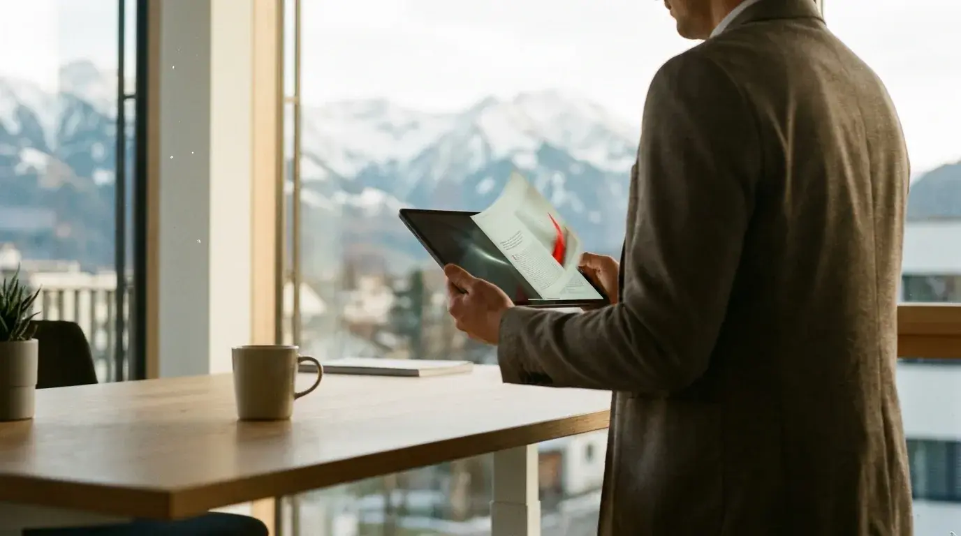 Marketing-Verantwortliche hält ein Tablet mit einem interaktiven ePaper Guide am hellen Fenster mit Vorarlberger Alpenblick