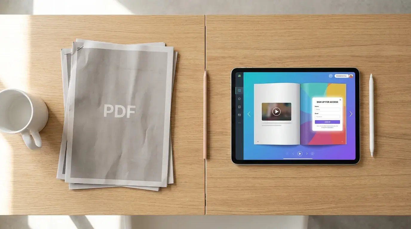 Vergleich auf hellem Eichentisch: links ein totes graues PDF, rechts ein interaktives ePaper mit Video und Lead-Formular auf dem Tablet
