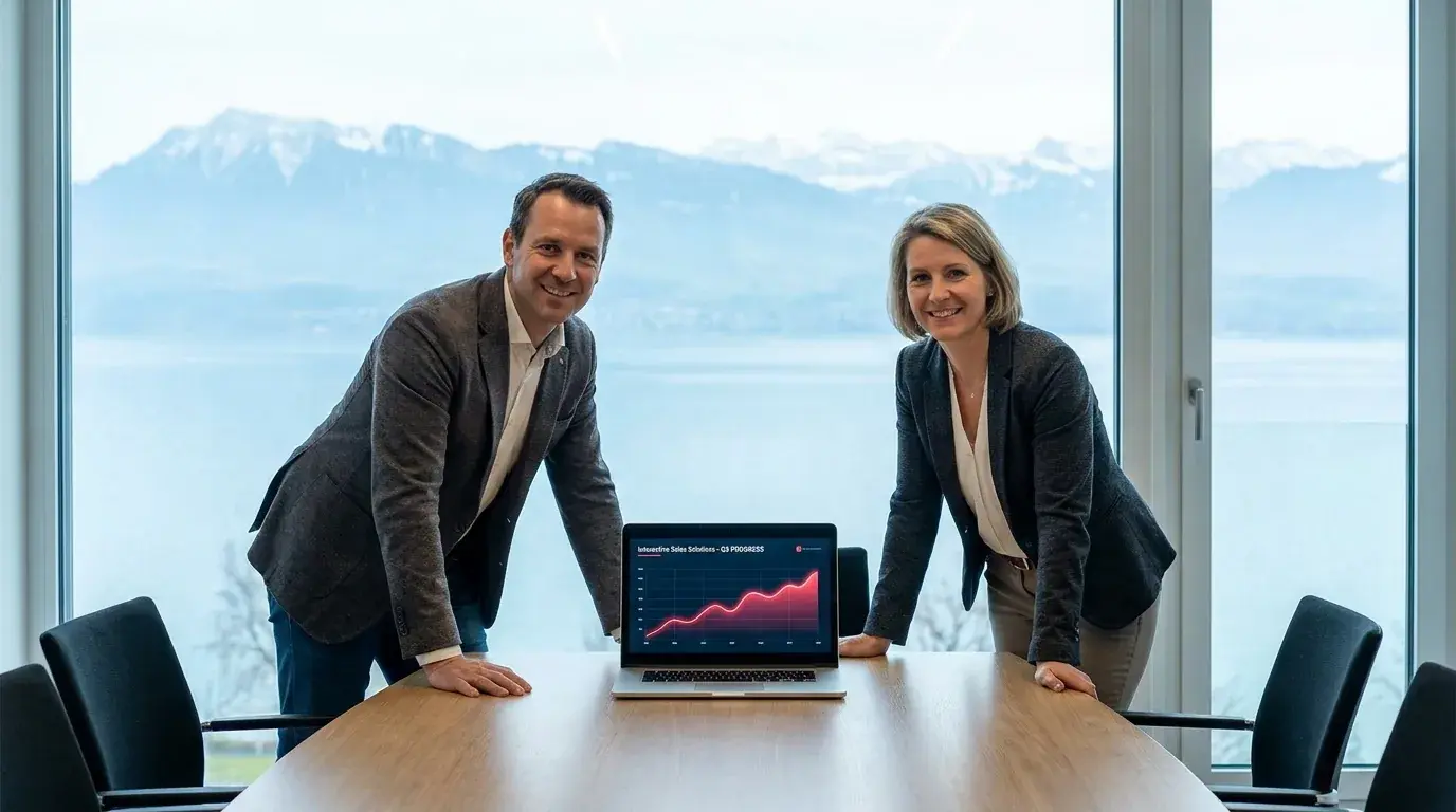Zwei B2B-Fachleute betrachten eine interaktive Verkaufs-Präsentation am Laptop in einem hellen Besprechungsraum am Bodensee