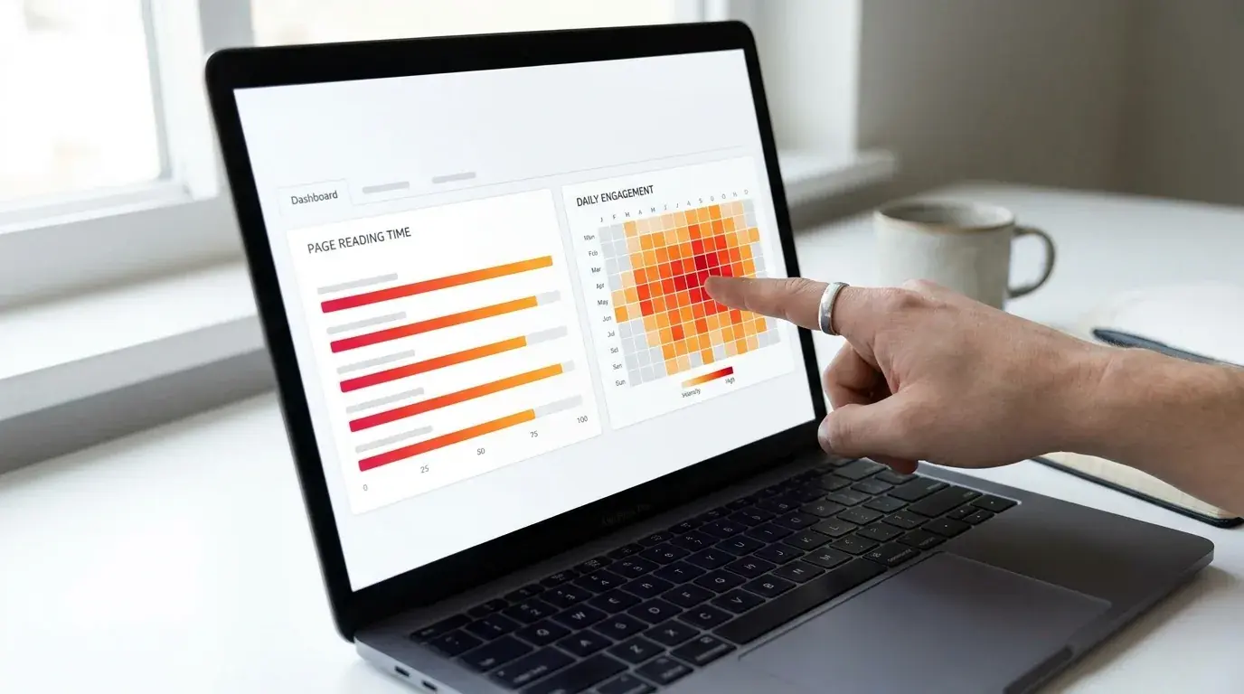 Helles Dashboard mit seitengenauer Leseanalytik des ePaper Guides, Verweildauer-Balken und Lese-Heatmap auf dem Laptop