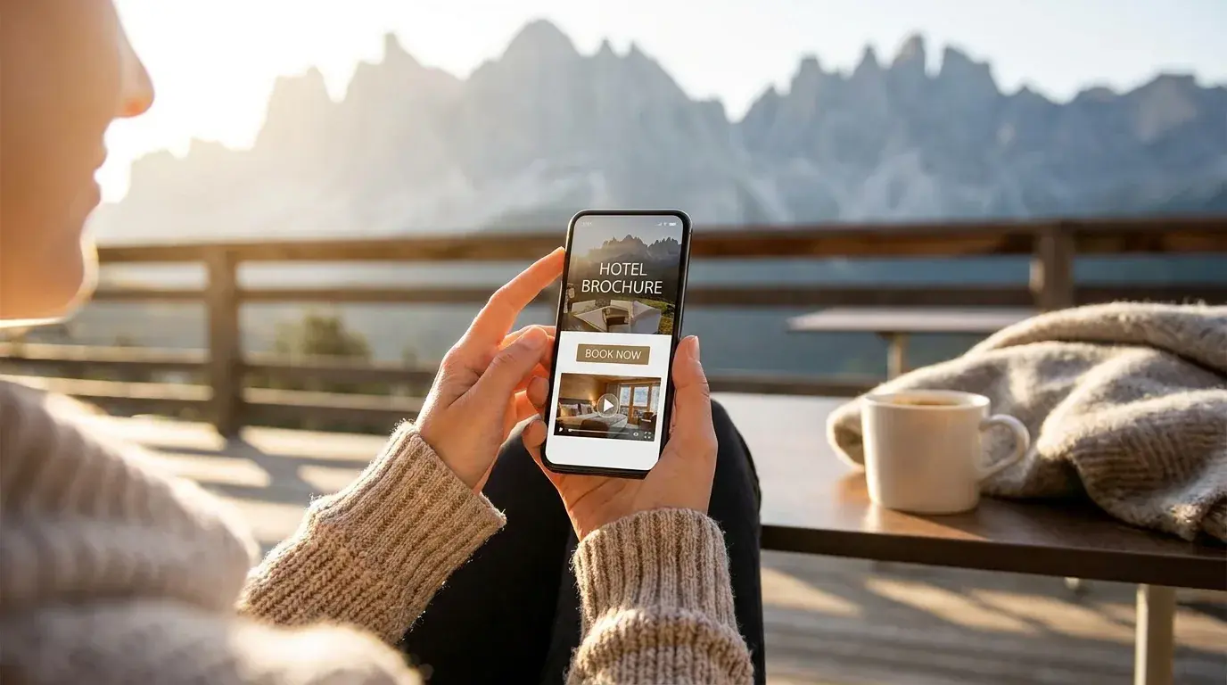 Gast auf einer sonnigen Hotelterrasse in den Alpen mit einem digitalen Hausprospekt und Buchen-Button auf dem Smartphone
