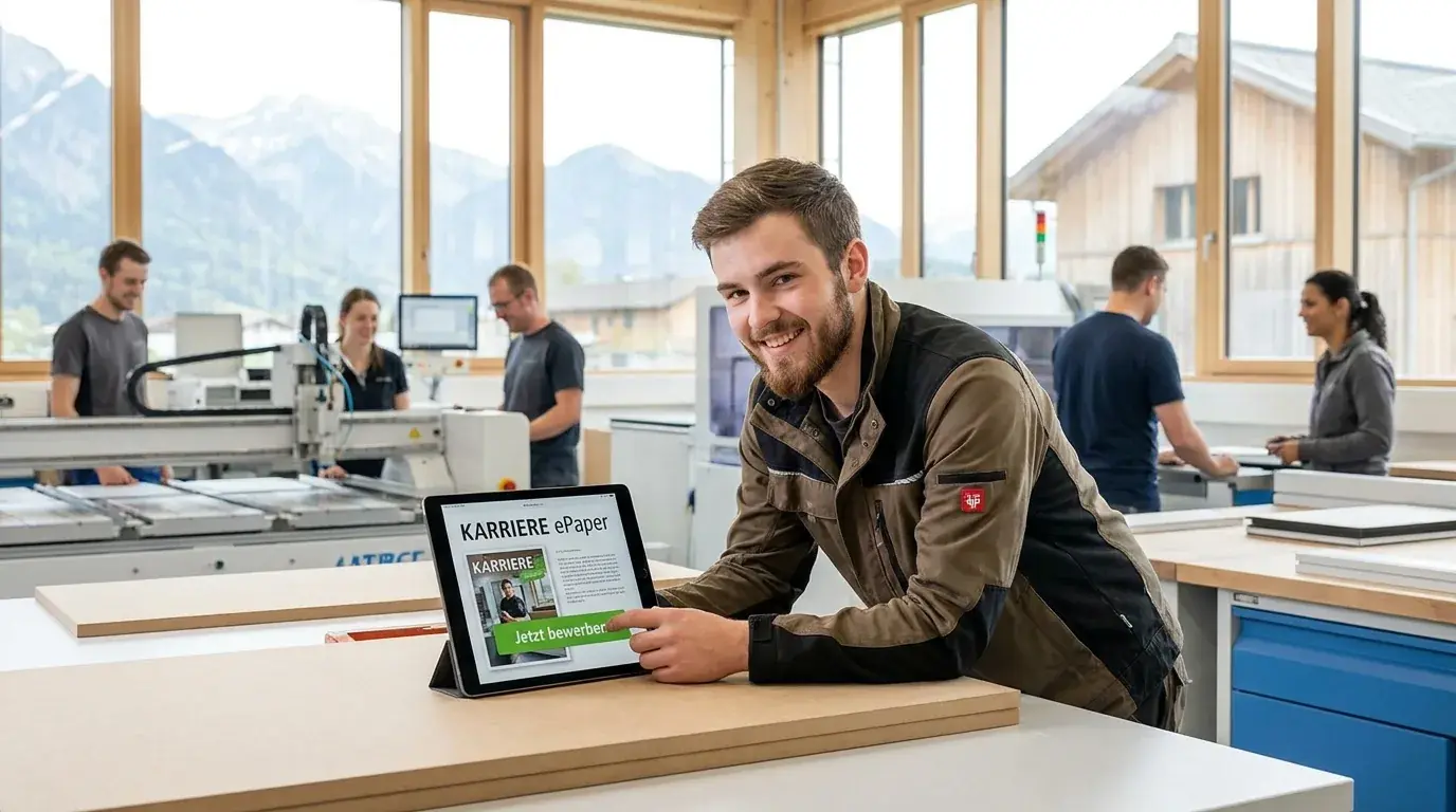 Lehrling in einer hellen modernen Werkstatt in Vorarlberg liest einen Karriere-ePaper-Guide mit Bewerben-Formular auf dem Tablet