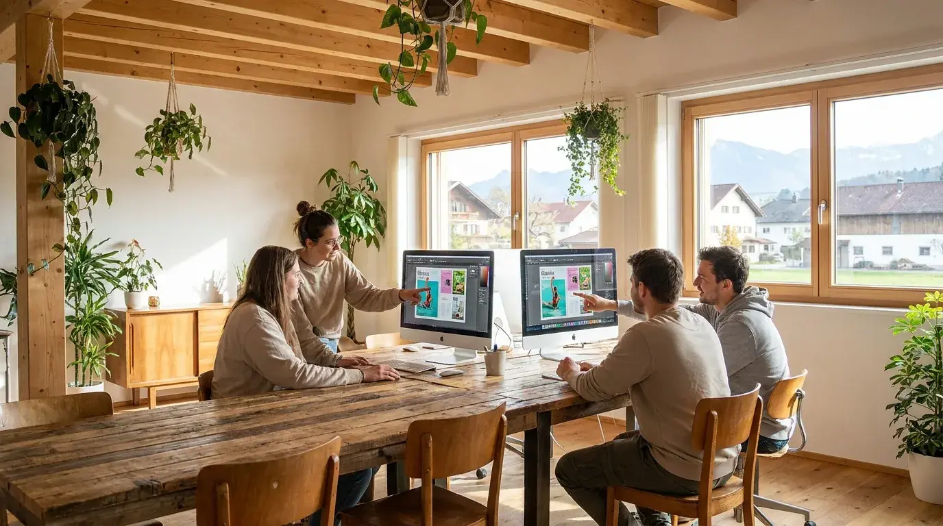 Helles freundliches Agentur-Studio der MULTIMEDIAFABRIK in Koblach, Team arbeitet an digitalen Publikationen an mehreren Bildschirmen