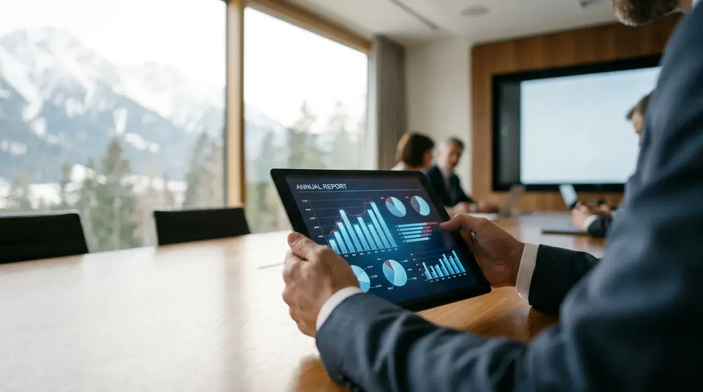 Investor hält ein Tablet mit einem interaktiven Geschäftsbericht und klaren Datenvisualisierungen in einem hellen Boardroom