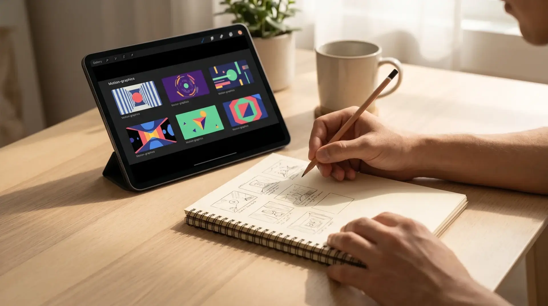 Storyboard-Skizzen und Tablet mit Motion-Graphics für ein Erklärvideo