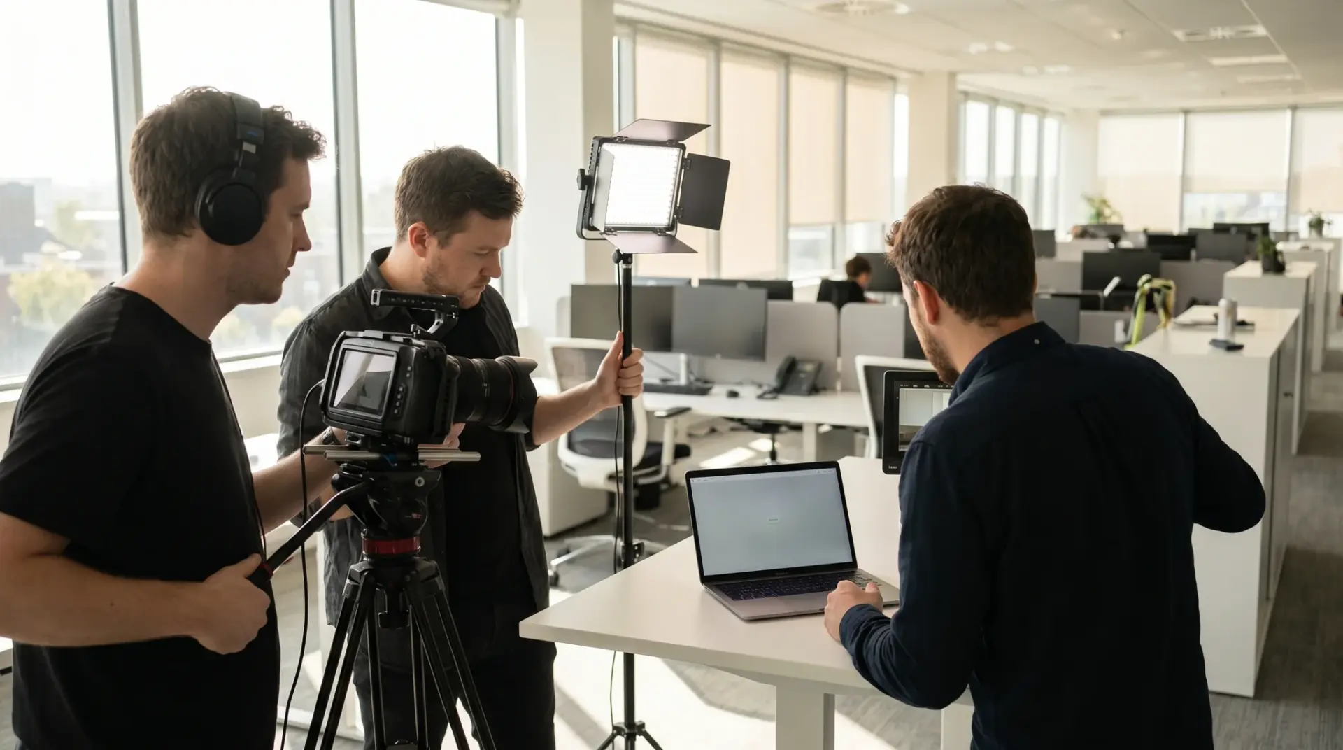 Kleines Filmteam dreht ein Erklärvideo mit Blackmagic-Kamera im hellen Büro