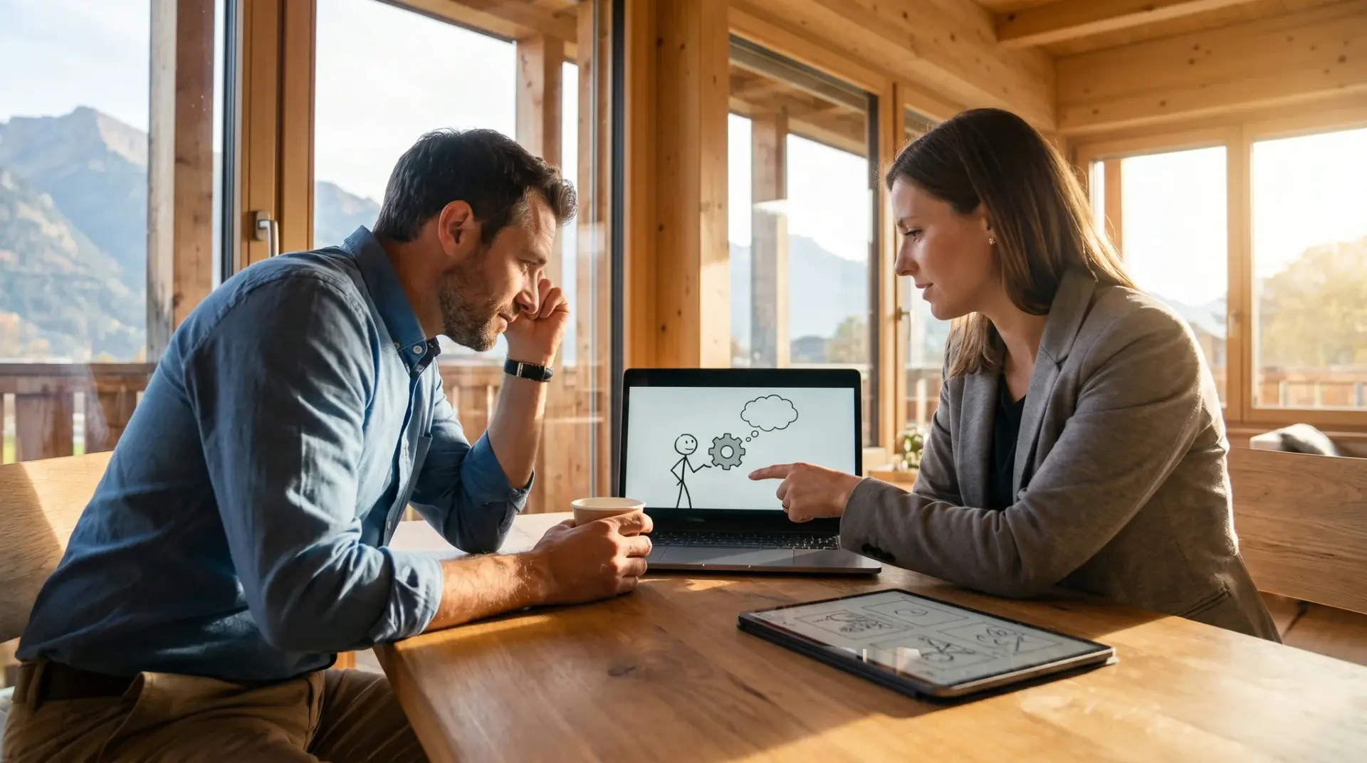 Zwei Personen besprechen ein Erklärvideo-Konzept am hellen Tisch mit Laptop