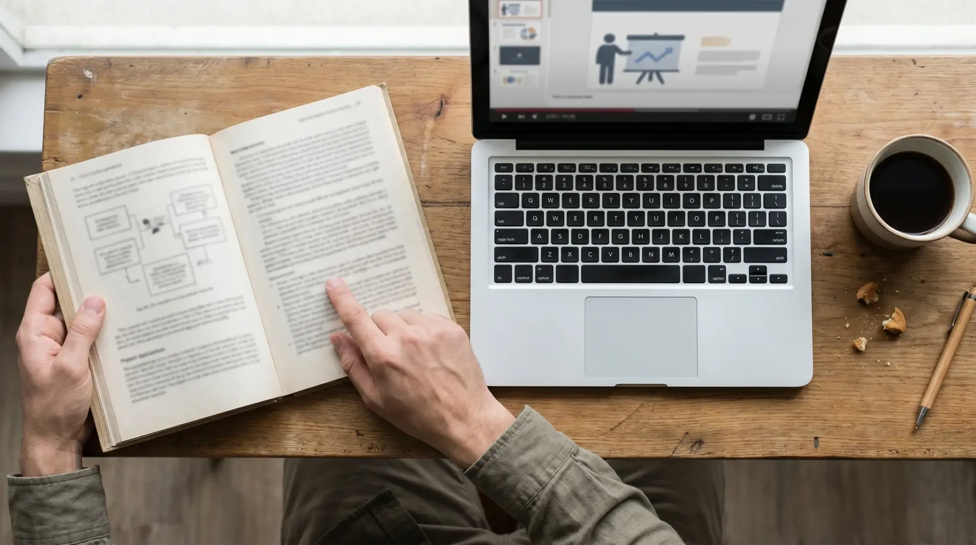 Offener Leitfaden neben Laptop mit Erklärvideo und Kaffee auf hellem Schreibtisch