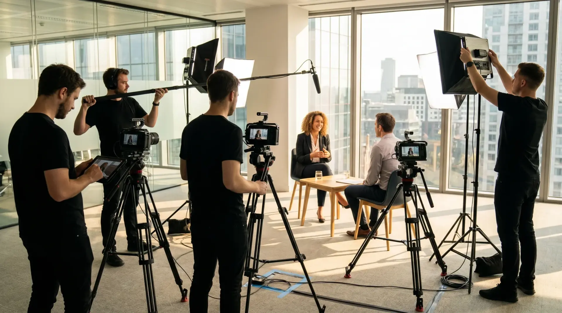 Multikamera-Dreh eines Experteninterviews mit Crew, Profi-LED-Licht und Mikrofonie