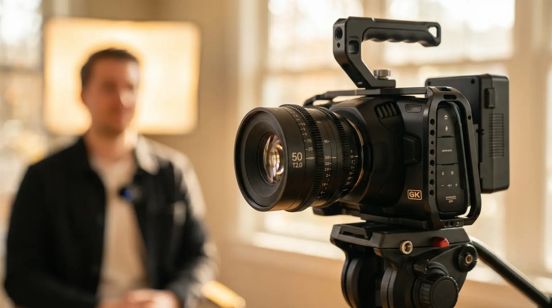 Detailaufnahme einer Cine-Kamera mit Cine-Linse, im Hintergrund unscharf der Interviewgast