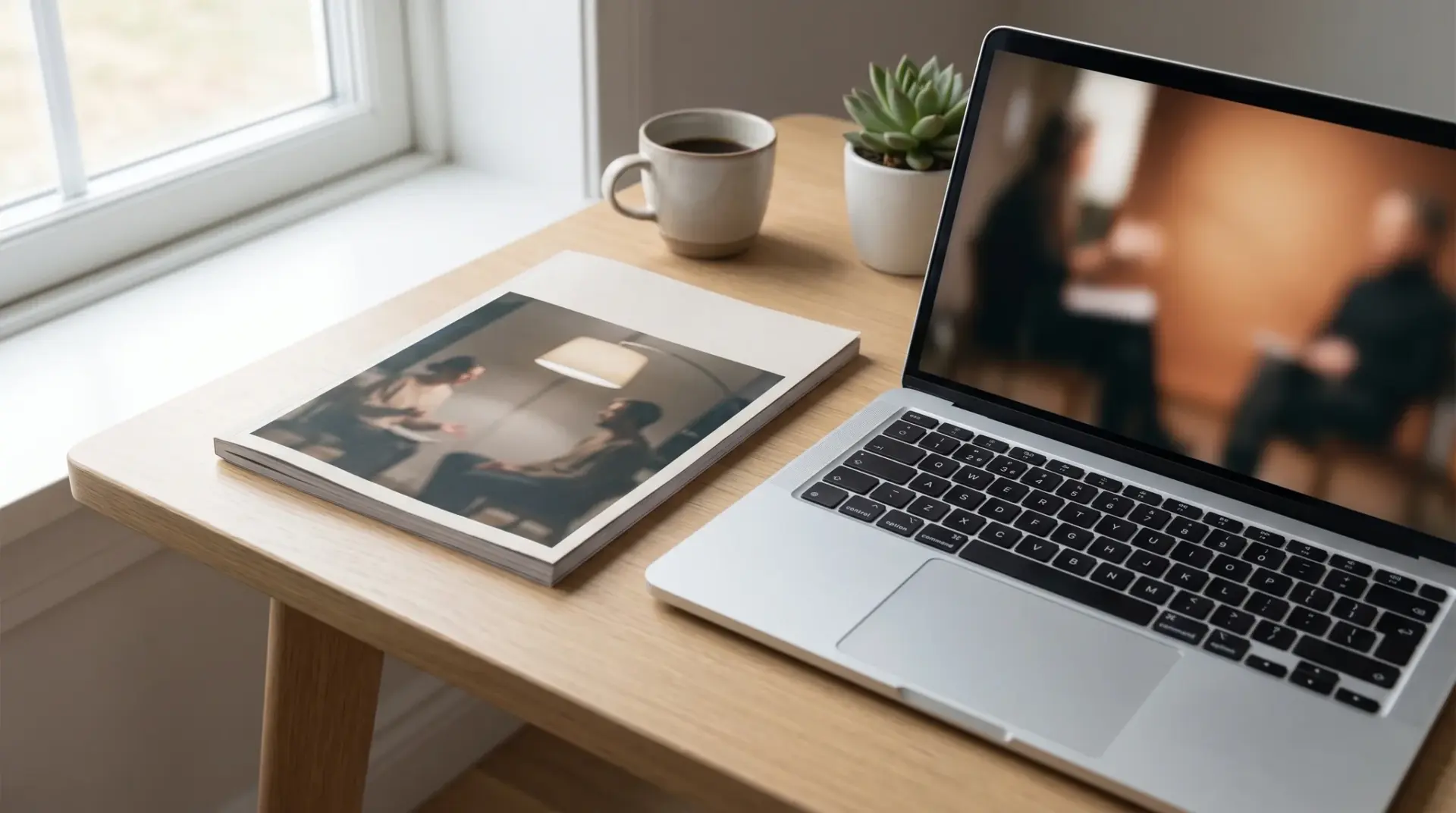 Hochwertiger Experteninterview-Leitfaden als Booklet neben einem Laptop auf einem hellen Schreibtisch