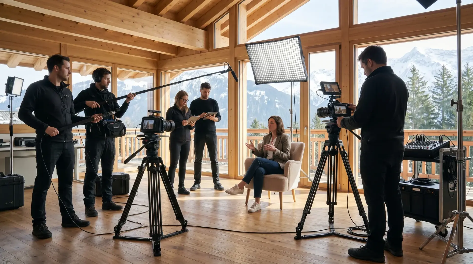 Filmcrew dreht ein Kunden-Interview mit mehreren Kameras am Firmenstandort