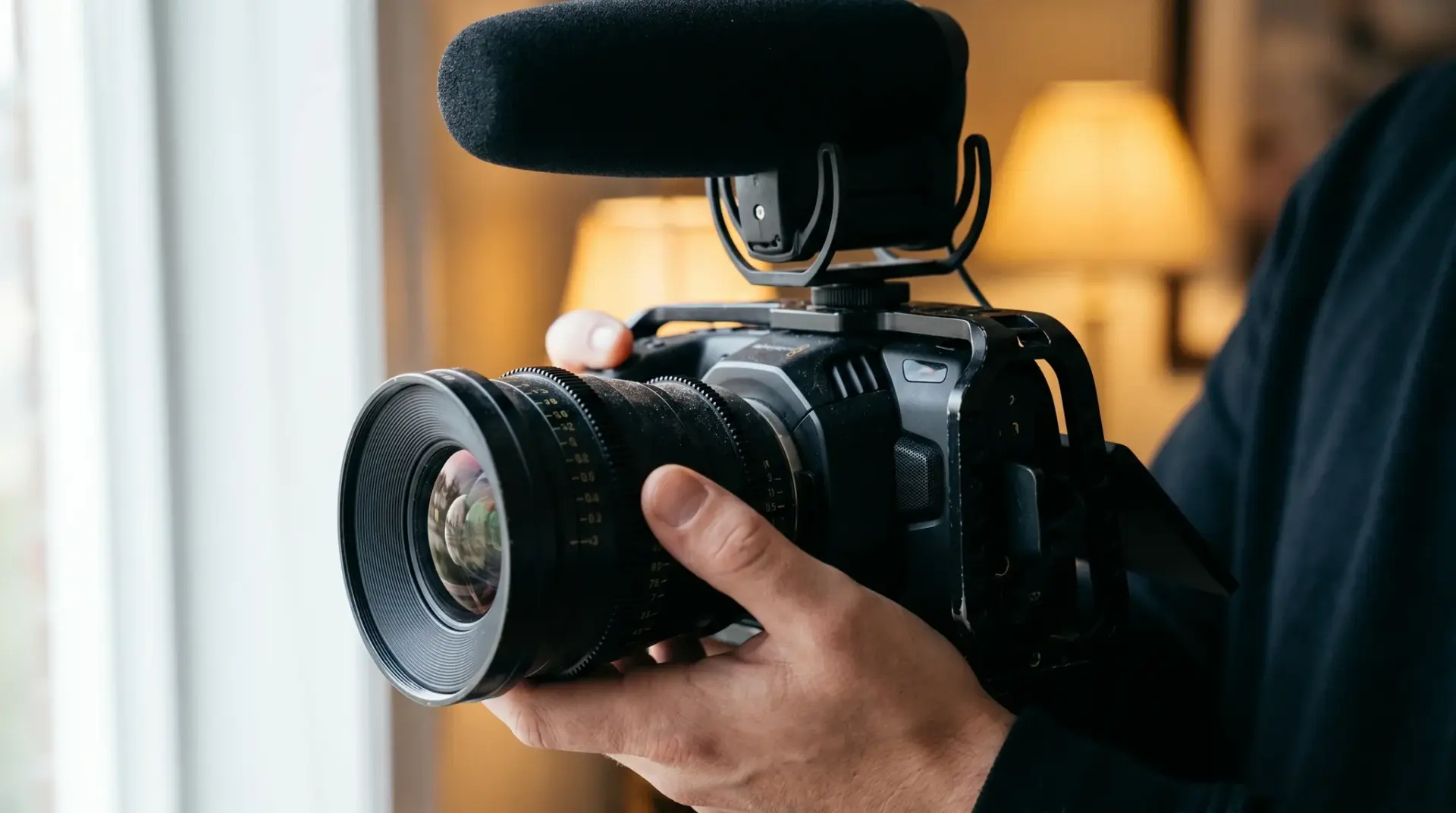 Nahaufnahme einer Blackmagic-Cinema-Kamera mit Shure-Mikrofonie beim Interviewdreh