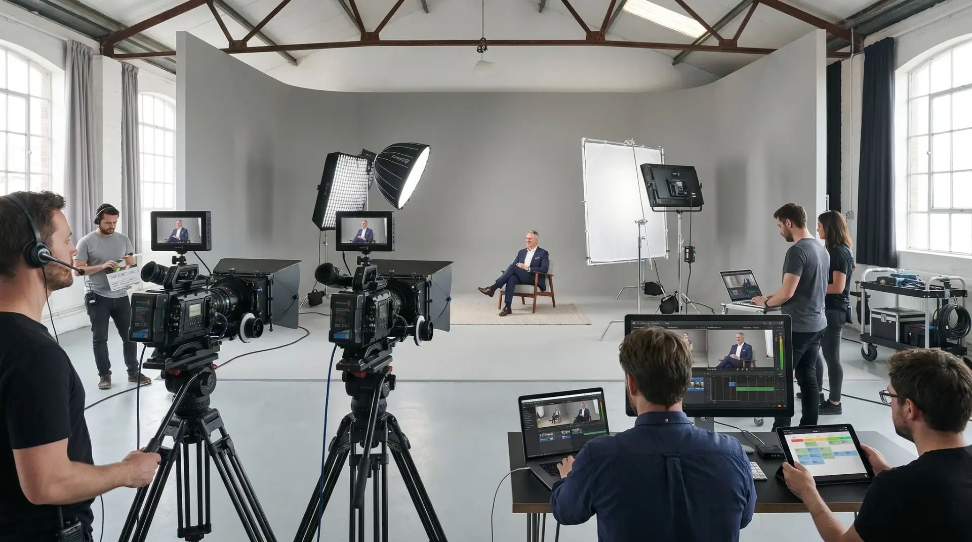 Mehr-Kamera-Setup mit Blackmagic-Kameras und LED-Licht für eine FAQ-Videoserie