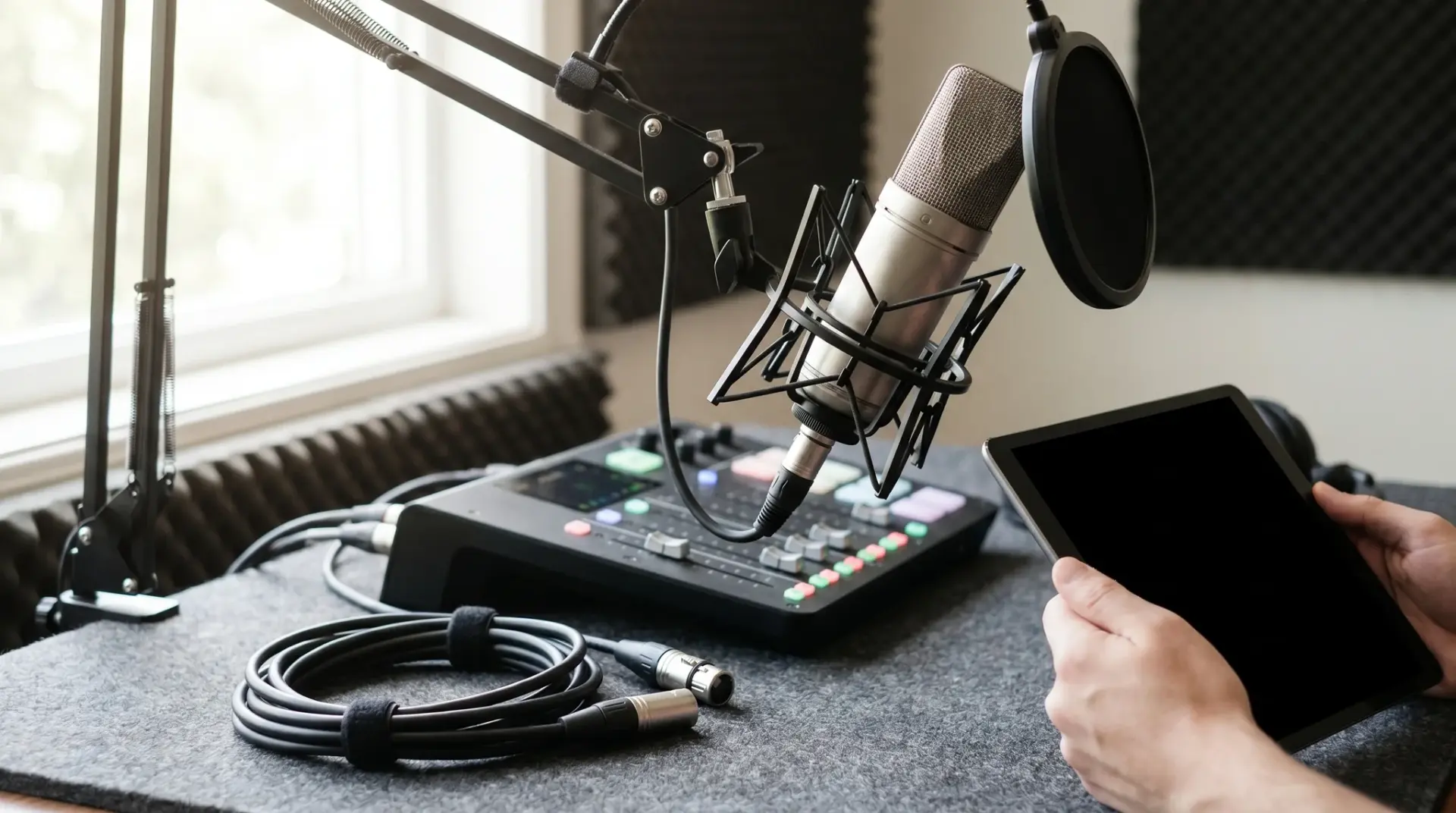 Detailaufnahme eines Profi-Mikrofons und sauberer Audiotechnik am FAQ-Drehset