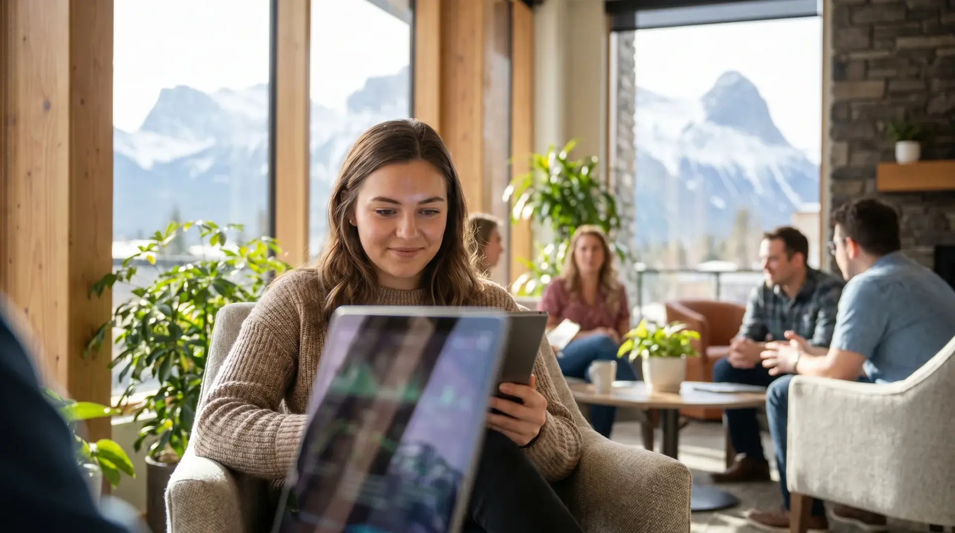 Neue Mitarbeiterin schaut im Onboarding ein FAQ-Antwort-Video auf dem Tablet