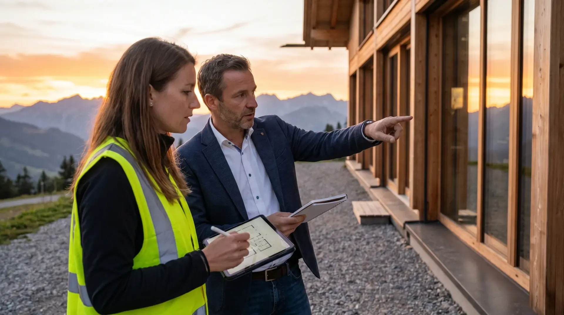 Lichtplaner bespricht bei der Begehung mit dem Bauherrn die Lichtpunkte an der Fassade