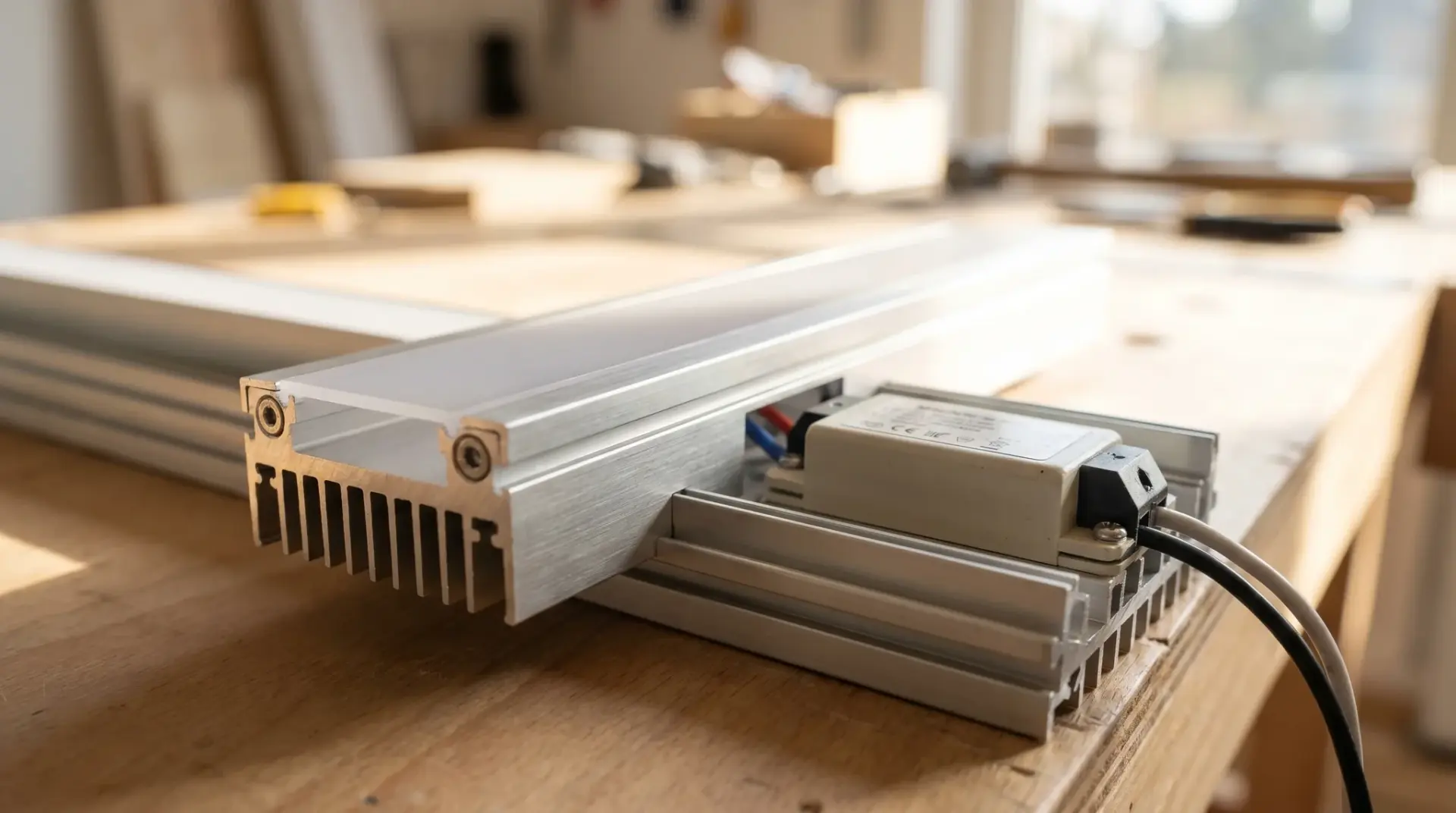 Detailaufnahme eines inhouse konfektionierten linearen LED-Profils mit Treiber und Kühlung