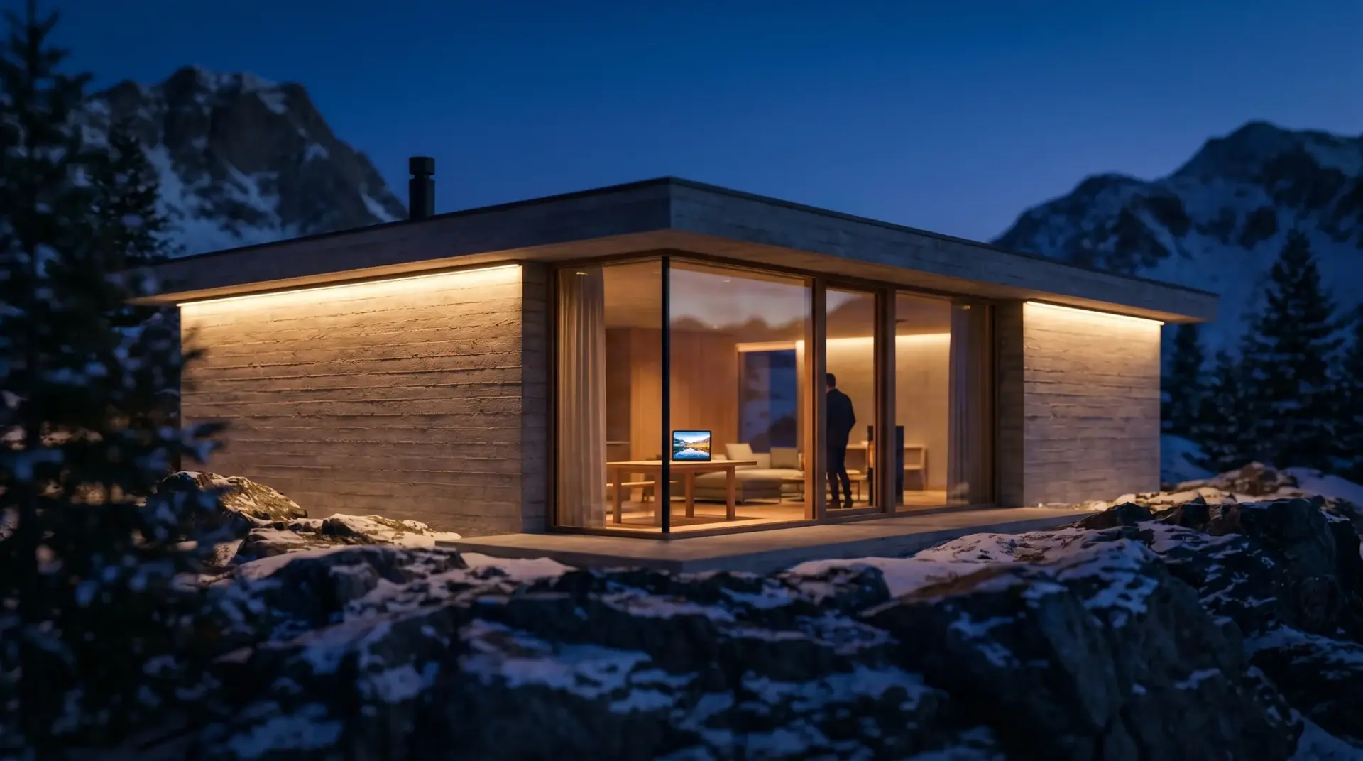 Villa mit Sichtbeton, an der lineare Wandfluter im Streiflicht die Materialtextur betonen