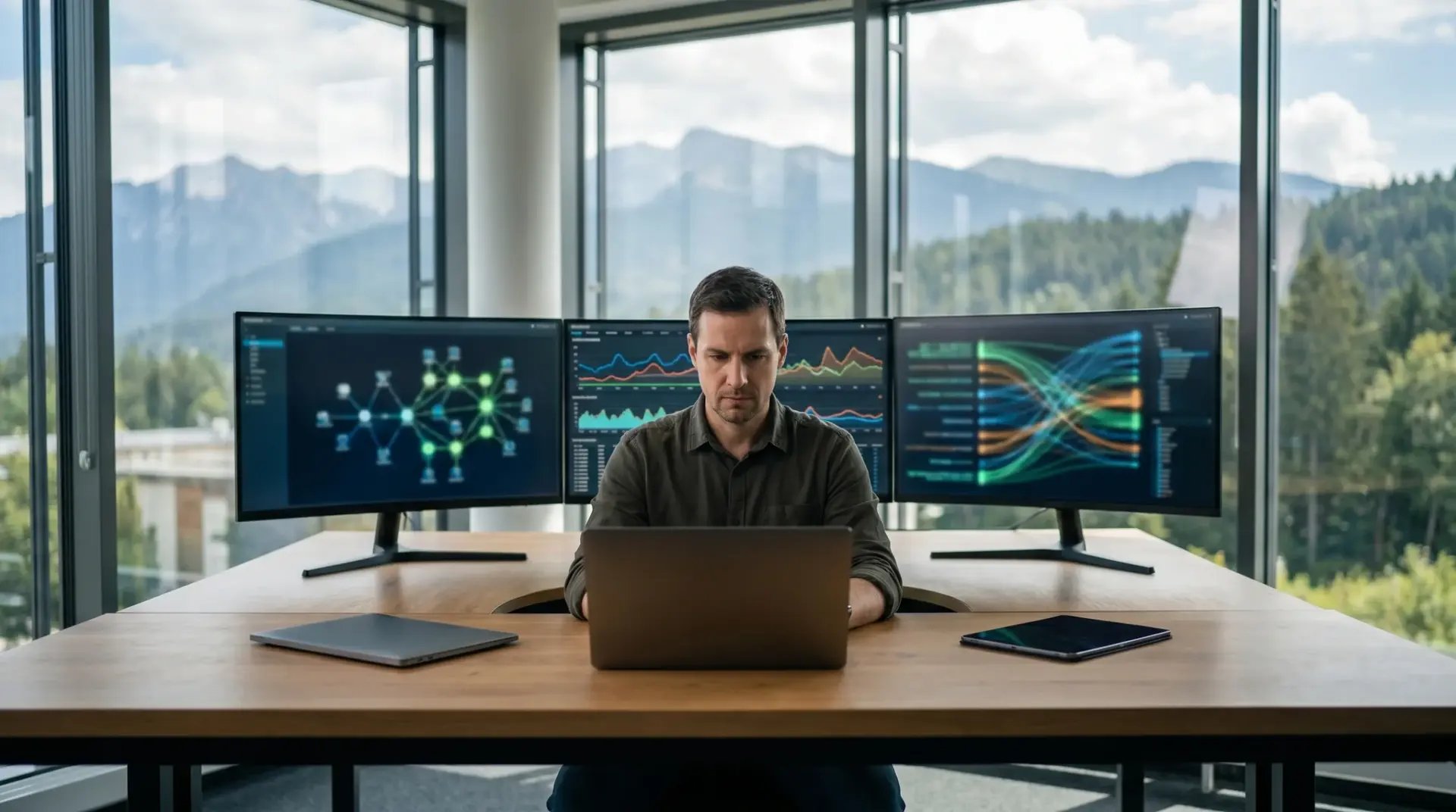 IT-Verantwortlicher überwacht den Netzwerk-Status an einem Monitoring-Arbeitsplatz mit mehreren Bildschirmen