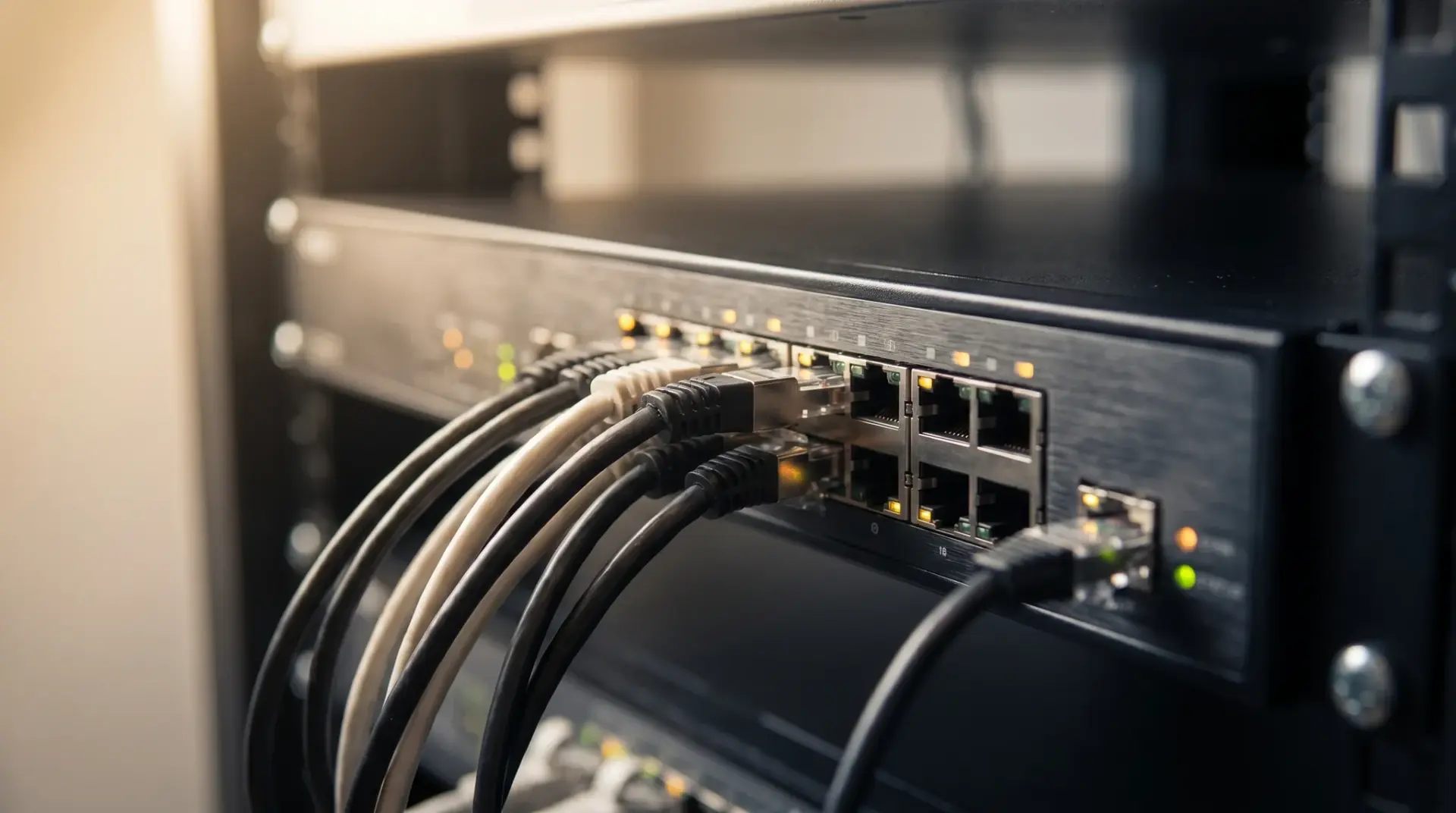 Detailaufnahme einer Next-Generation-Firewall-Appliance mit gesteckten Netzwerkkabeln im Rack