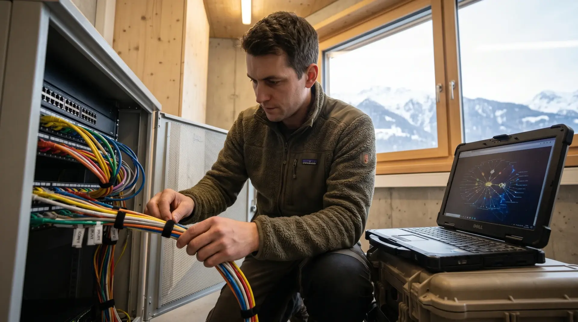 Techniker richtet die Firewall ein und segmentiert das Netz an einem Laptop vor dem Rack