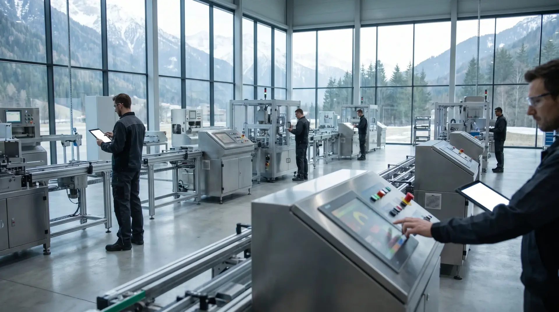 Vernetzte Produktionshalle eines Industriebetriebs mit getrenntem Maschinennetz im Alpenraum
