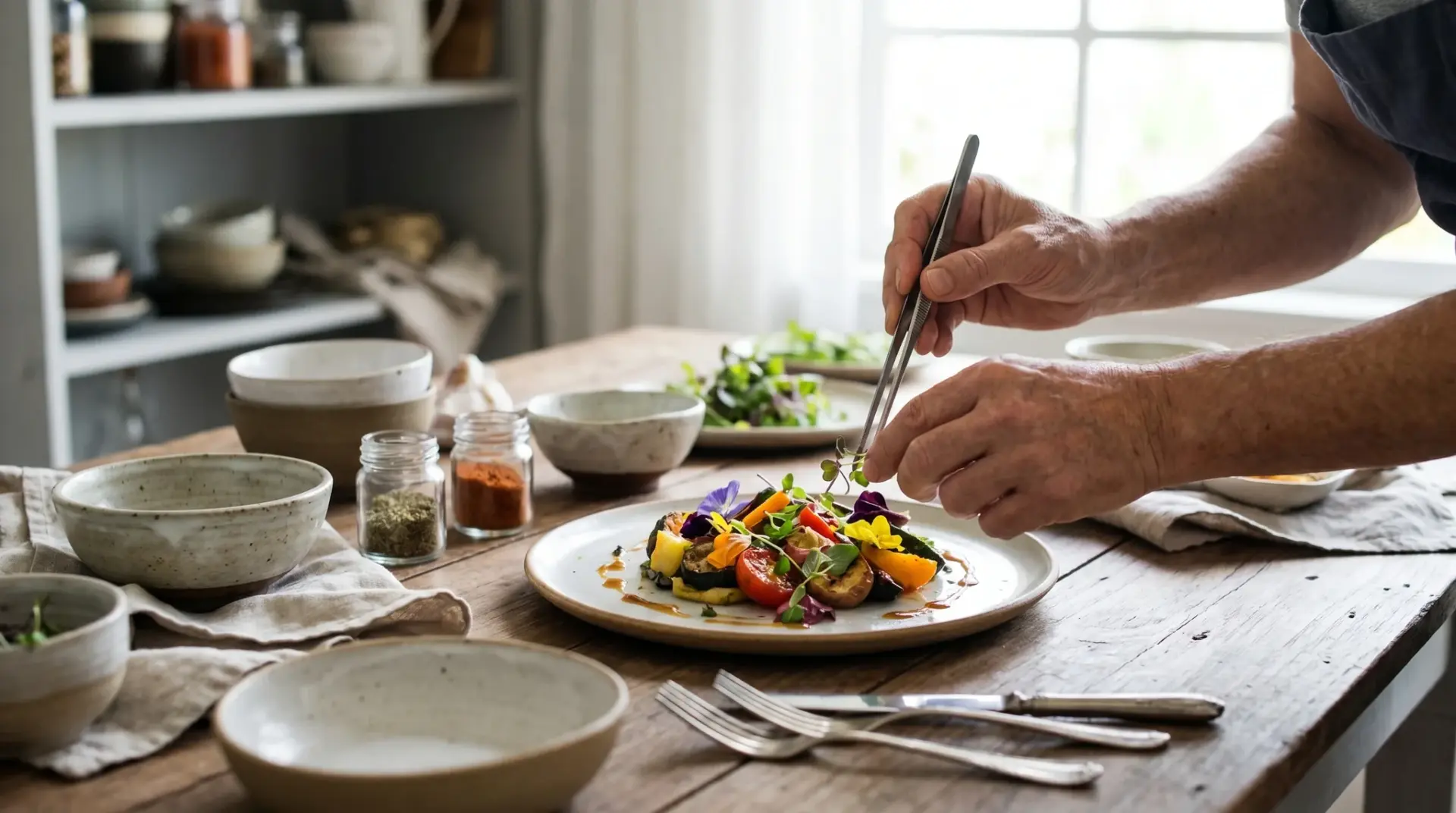 Foodstylistin richtet ein Gericht mit frischen Zutaten am Set präzise an
