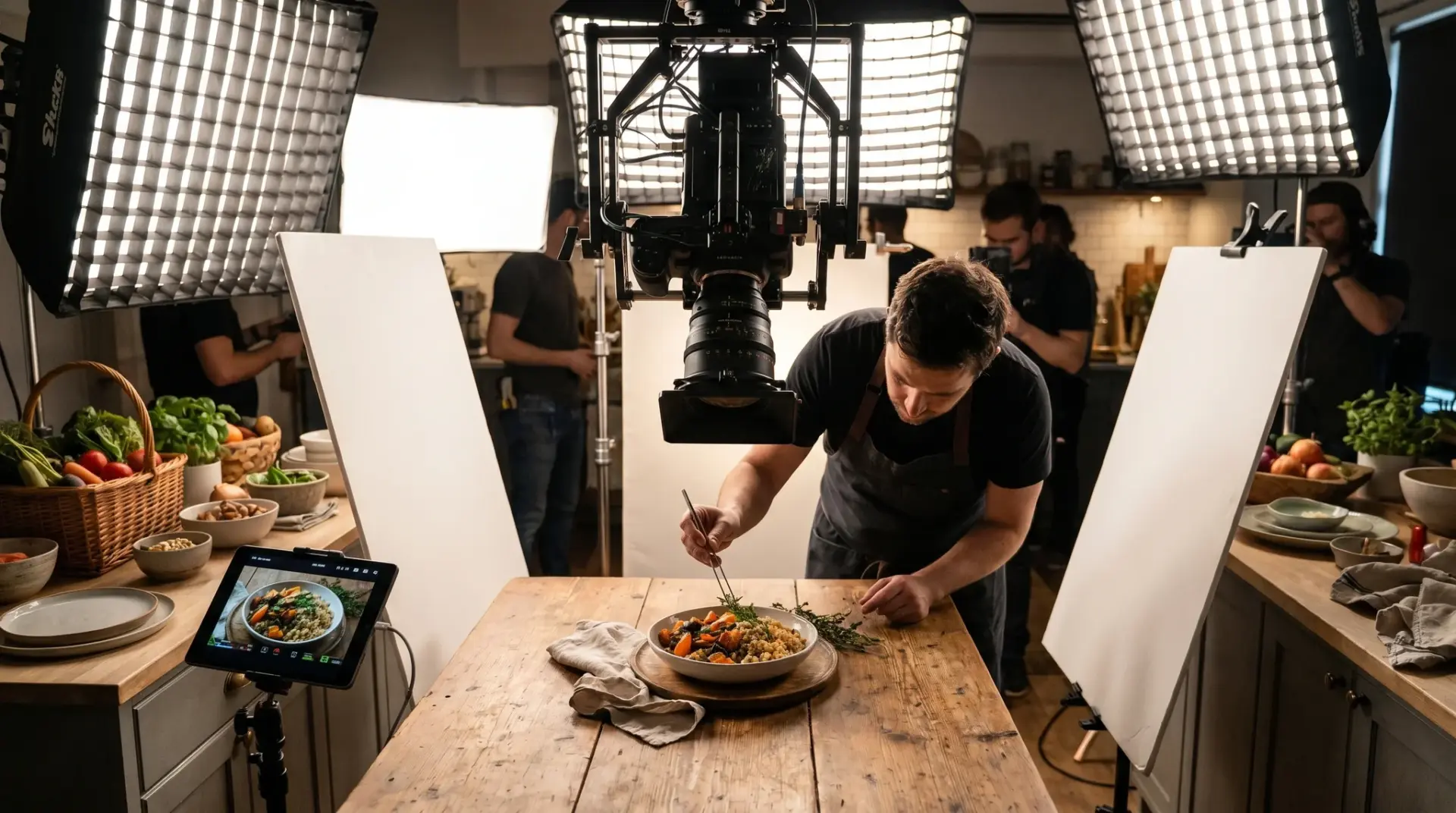 Food-Dreh im Studio mit Food-Stylist, Kamera und Profi-Licht über dem angerichteten Teller