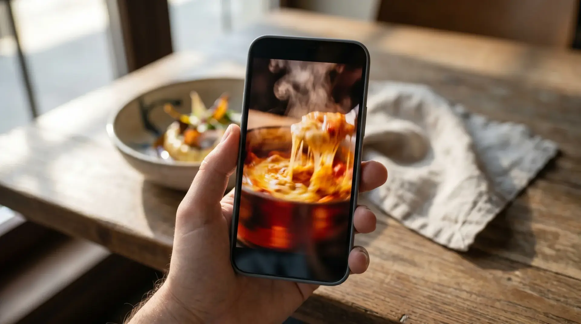 Vertikales Food-Reel auf einem Smartphone, gehalten über einem gedeckten Tisch