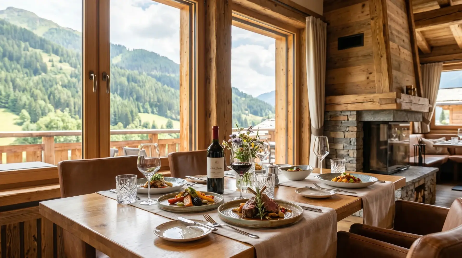 Premium-Restaurant im Alpenraum mit appetitlich präsentierten Gerichten bei Tageslicht