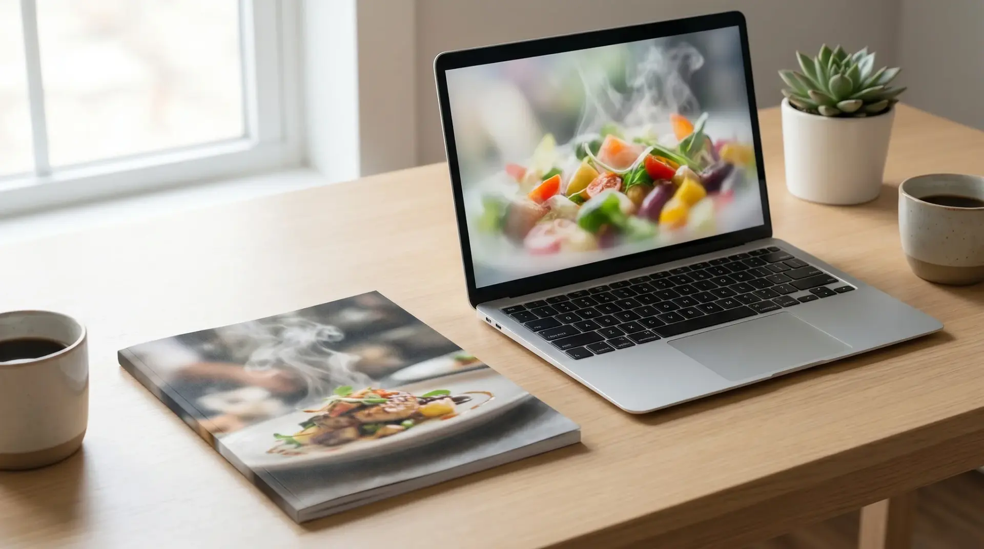 Hochwertiger Food-Video-Leitfaden als Booklet neben einem Laptop auf einem hellen Schreibtisch