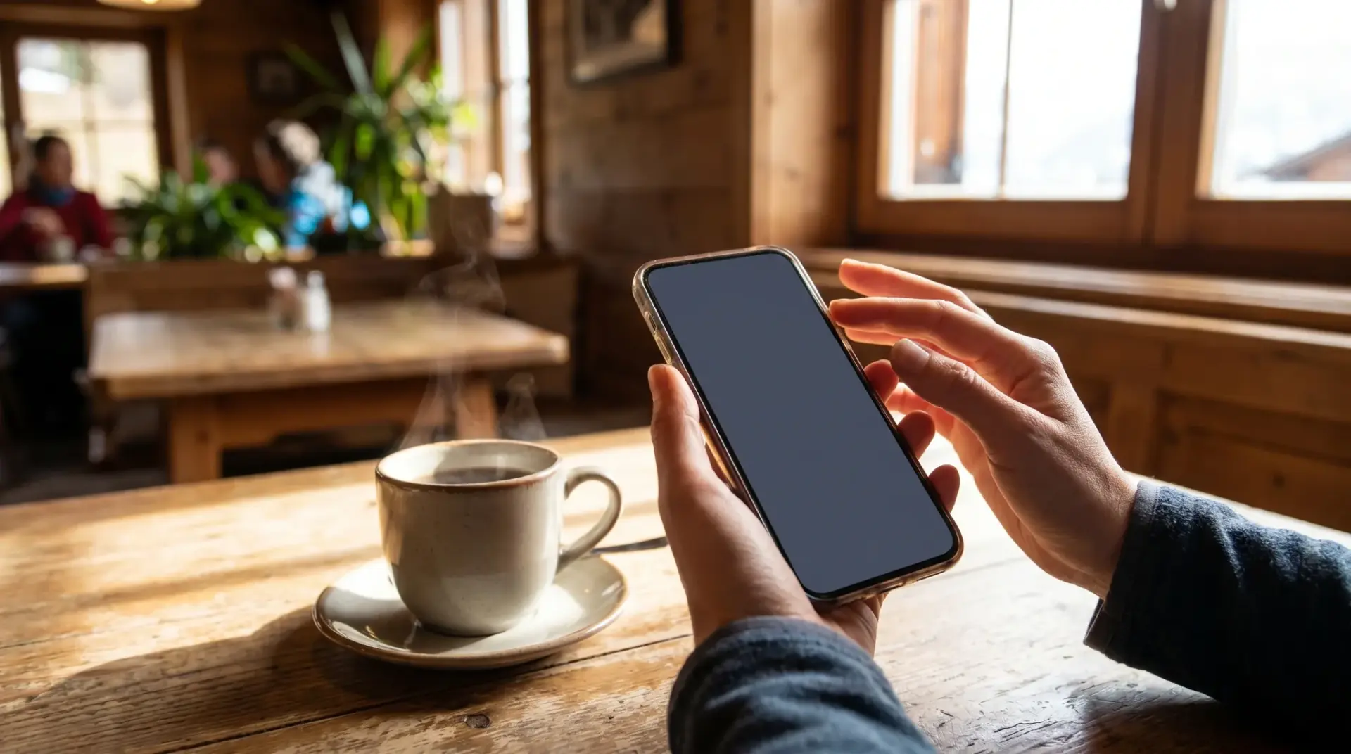 Gast verbindet sich am Smartphone mit dem Gäste-WLAN am Café-Tisch